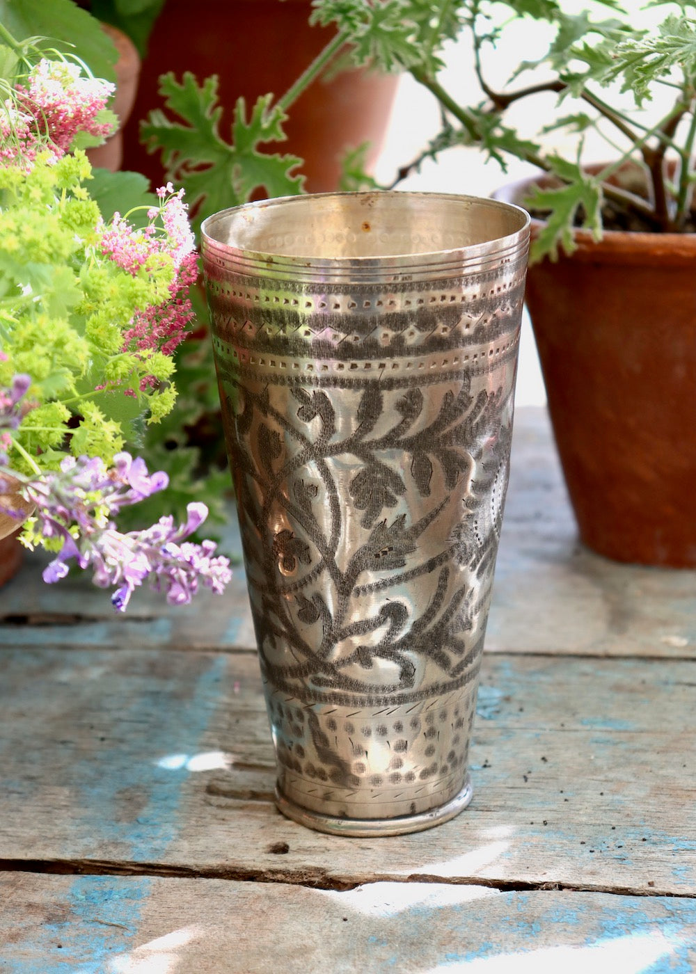 Vintage Etched Brass Lassi Cup – Sea + Green