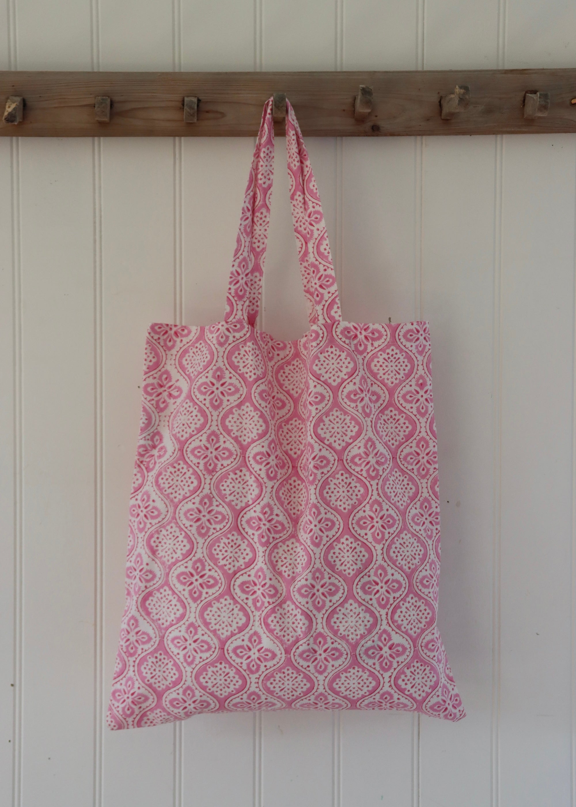 Block Printed Cotton Tote Bag Pink Retro