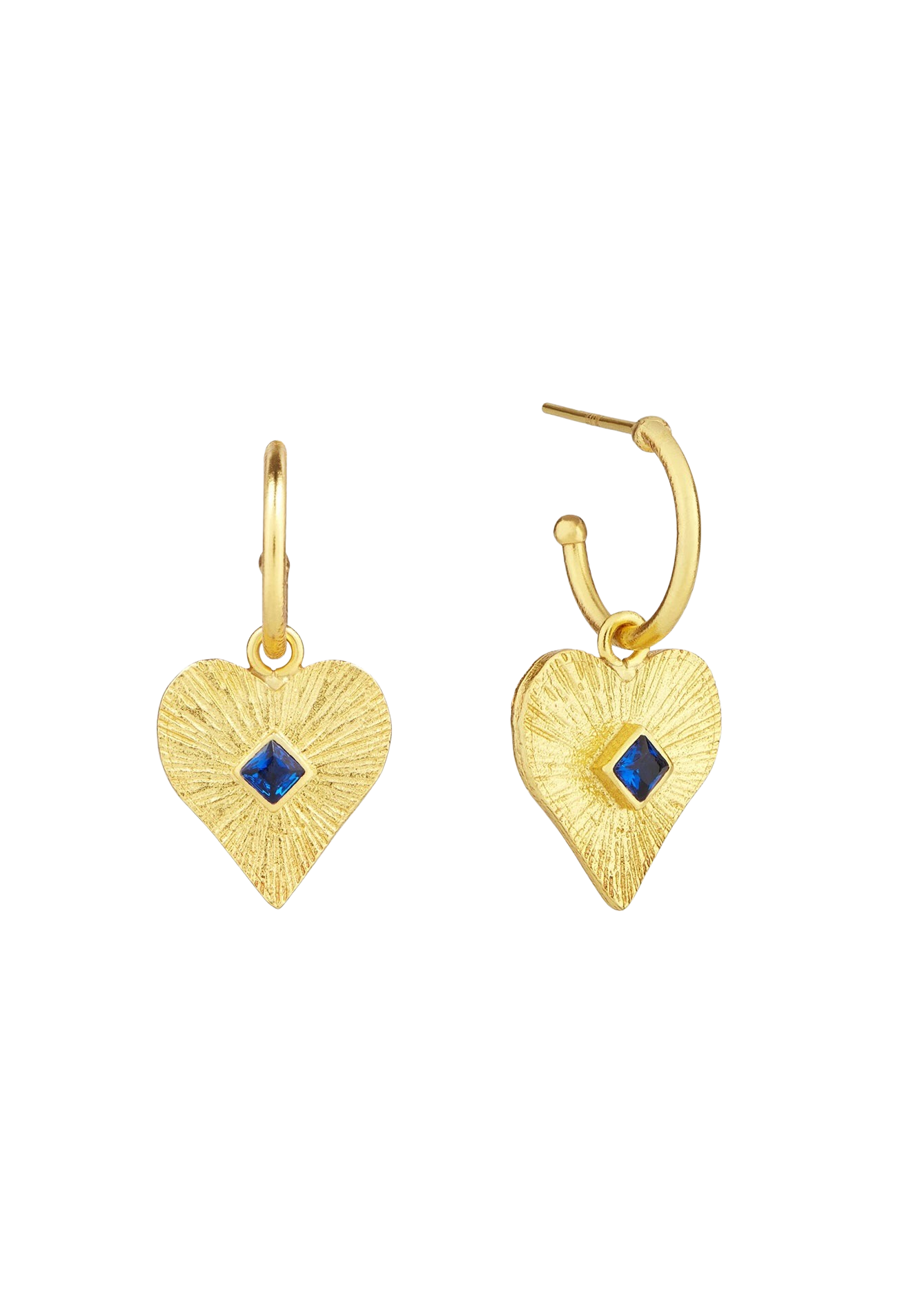 Golden Heart Hoop Earrings with Blue Crystal