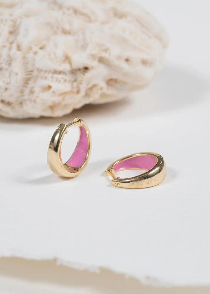 Havana Flamingo Pink Enamel & Gold Huggie Hoop Earrings