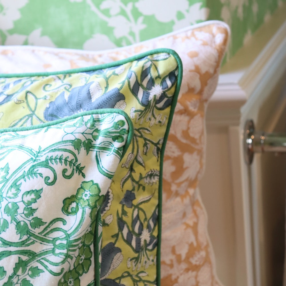 NEW Block Print Cushion Cover - Pale Lime With Deep Teal Flower