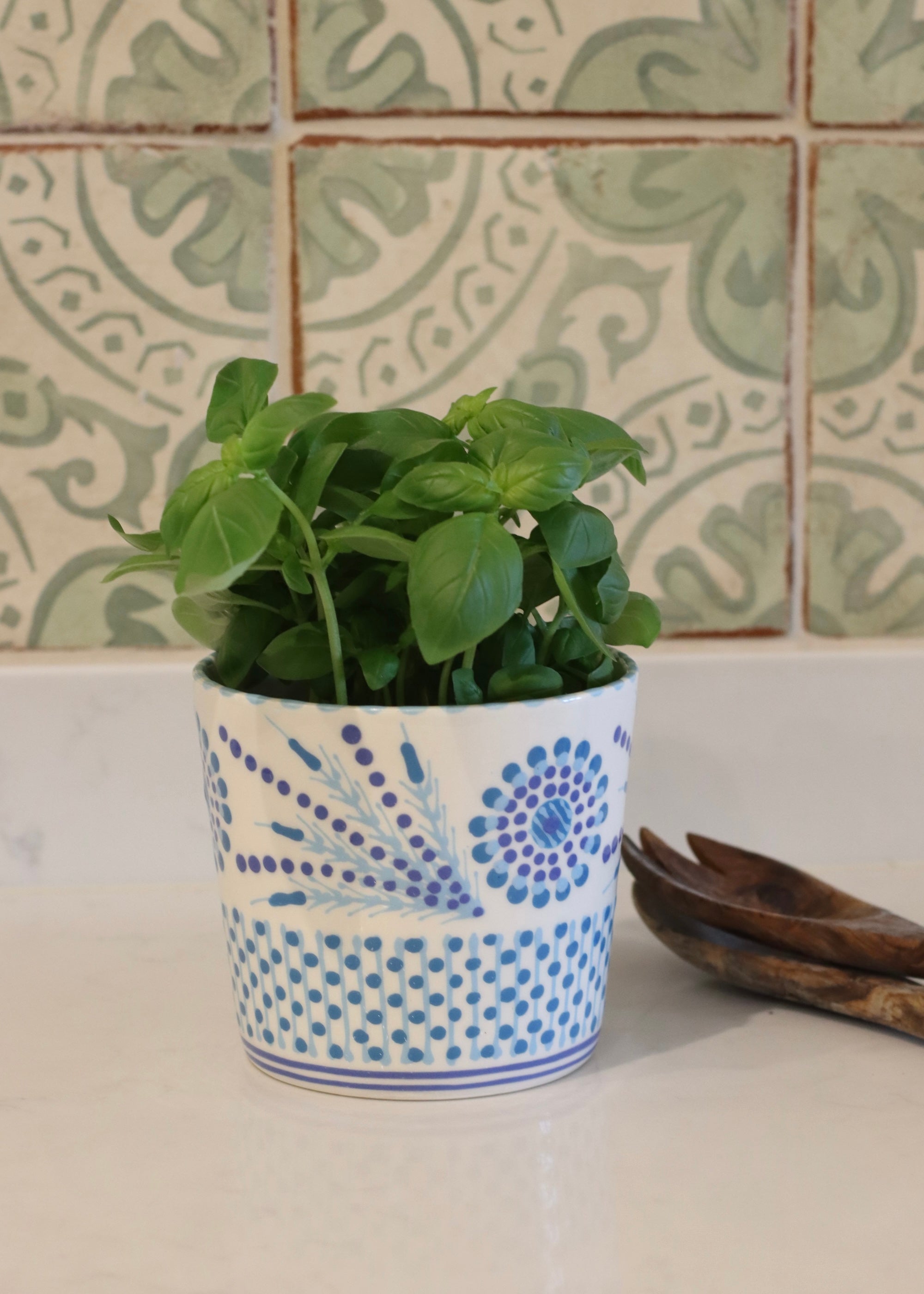 Herb Pot - White and Blue- Big Flower & Fronds