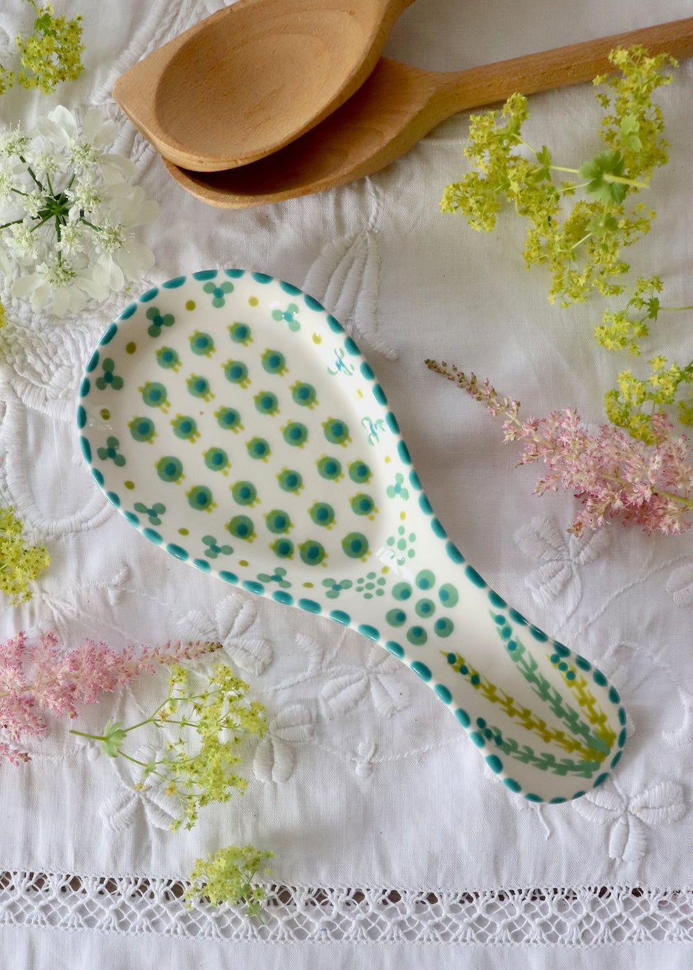 Spoon Rest - White with Teal Dots