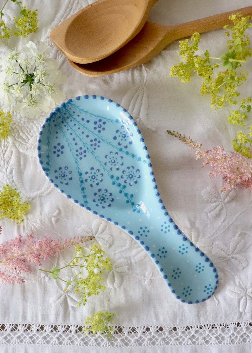 Spoon Rest - Pale Blue with Blue Circles