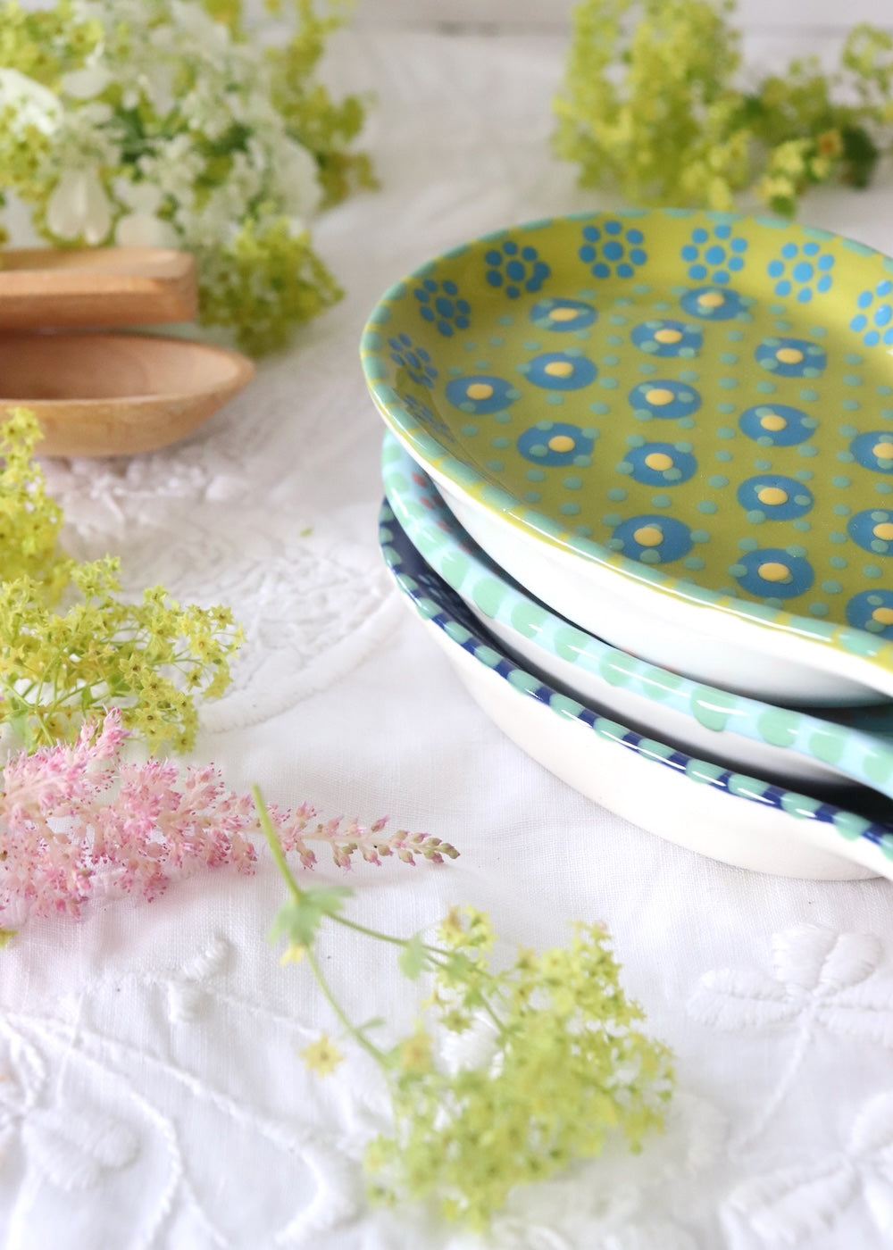 Spoon Rest - White with Teal Dots