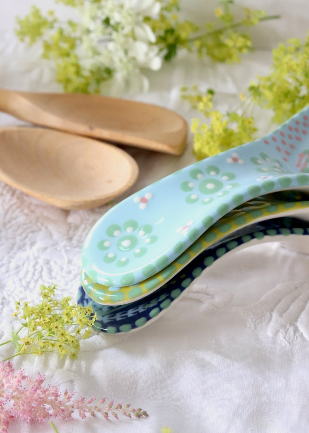 Spoon Rest - White with Teal Dots