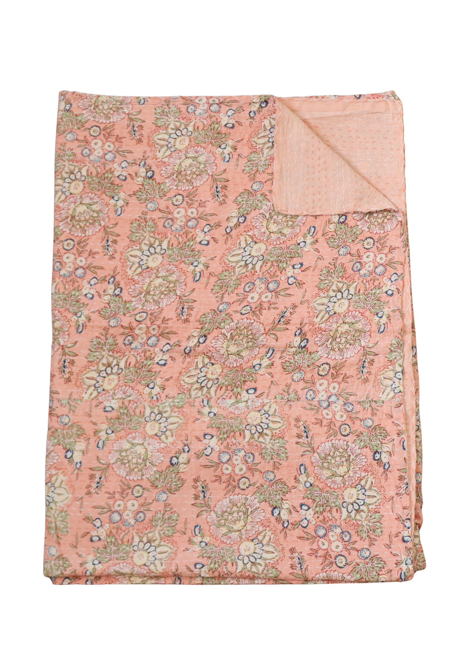 Kantha Throw - Peach and Green Flowers