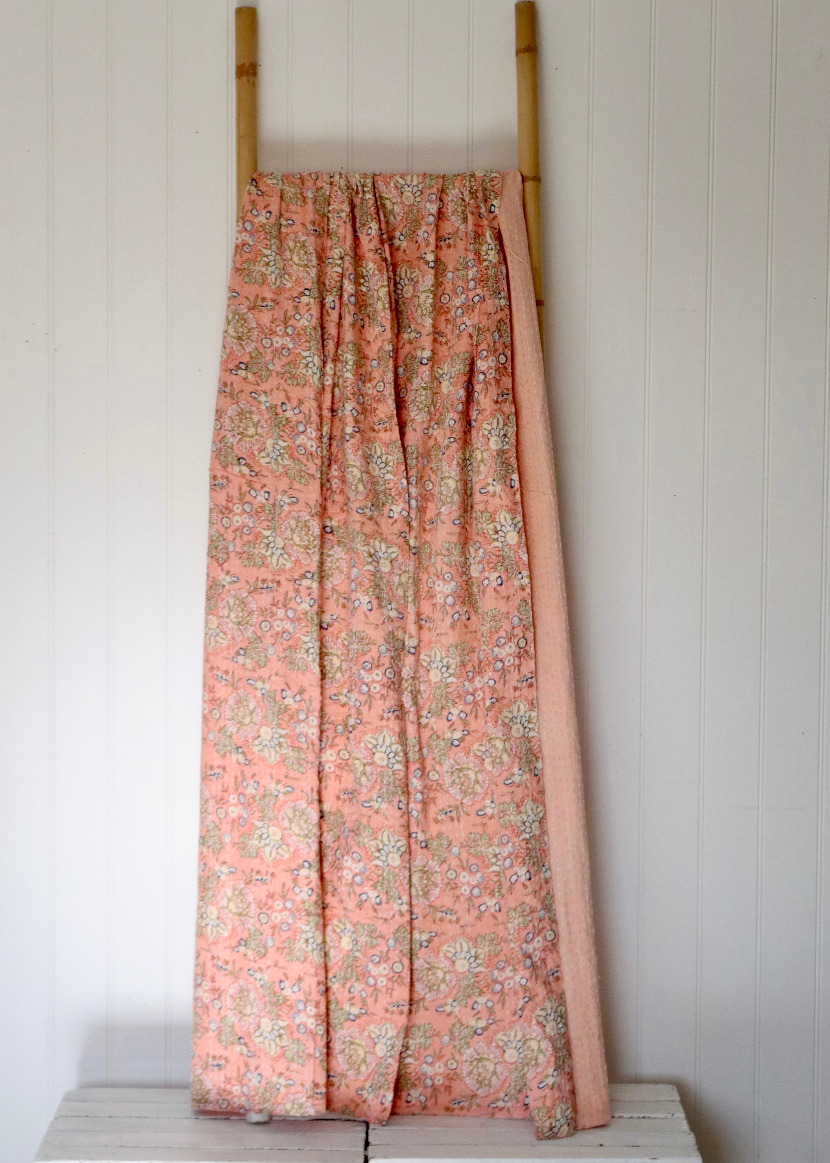 Kantha Throw - Peach and Green Flowers