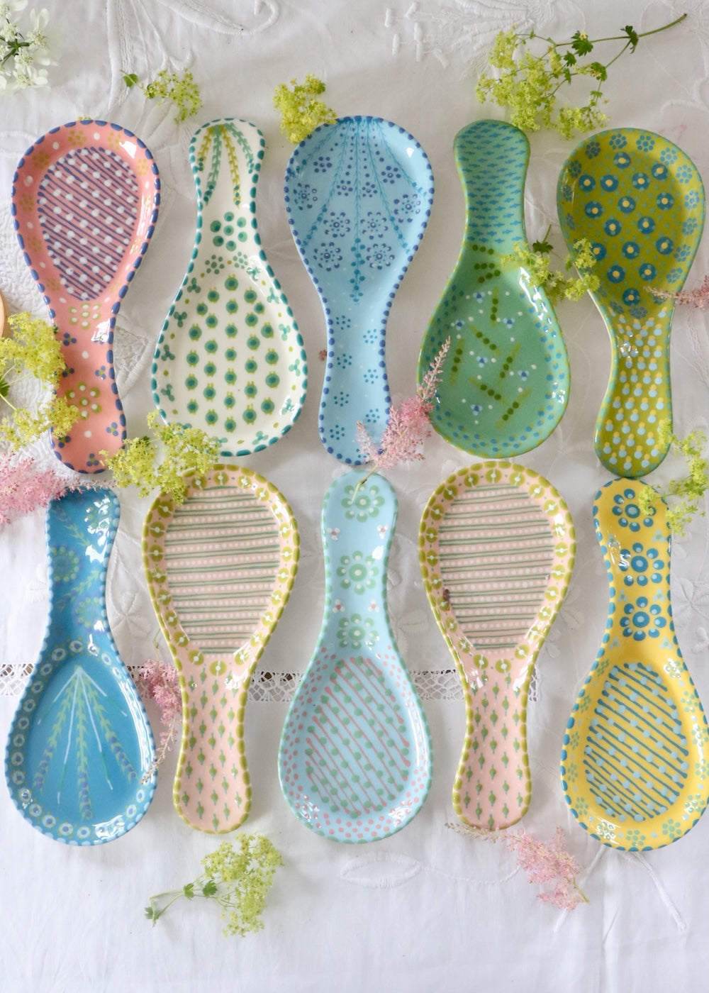 Spoon Rest - White with Teal Dots