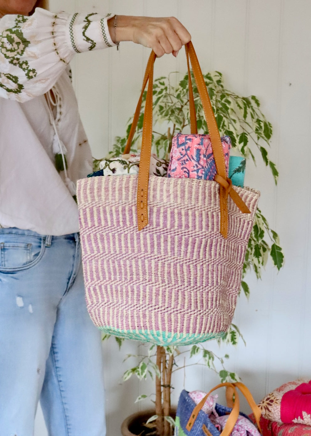 Natural Sisal Tote - Lilac