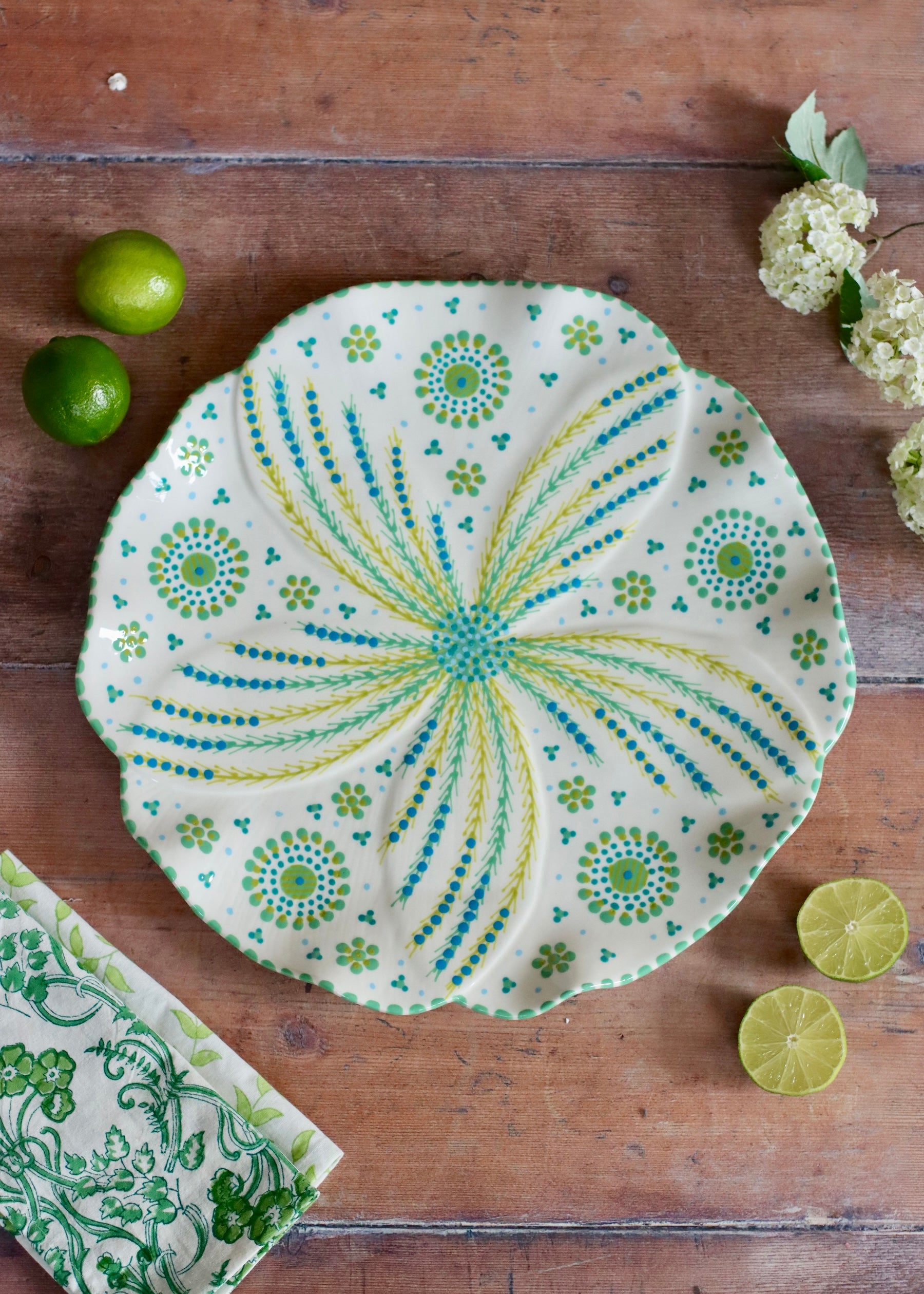 Large Round Platter- White & Teal