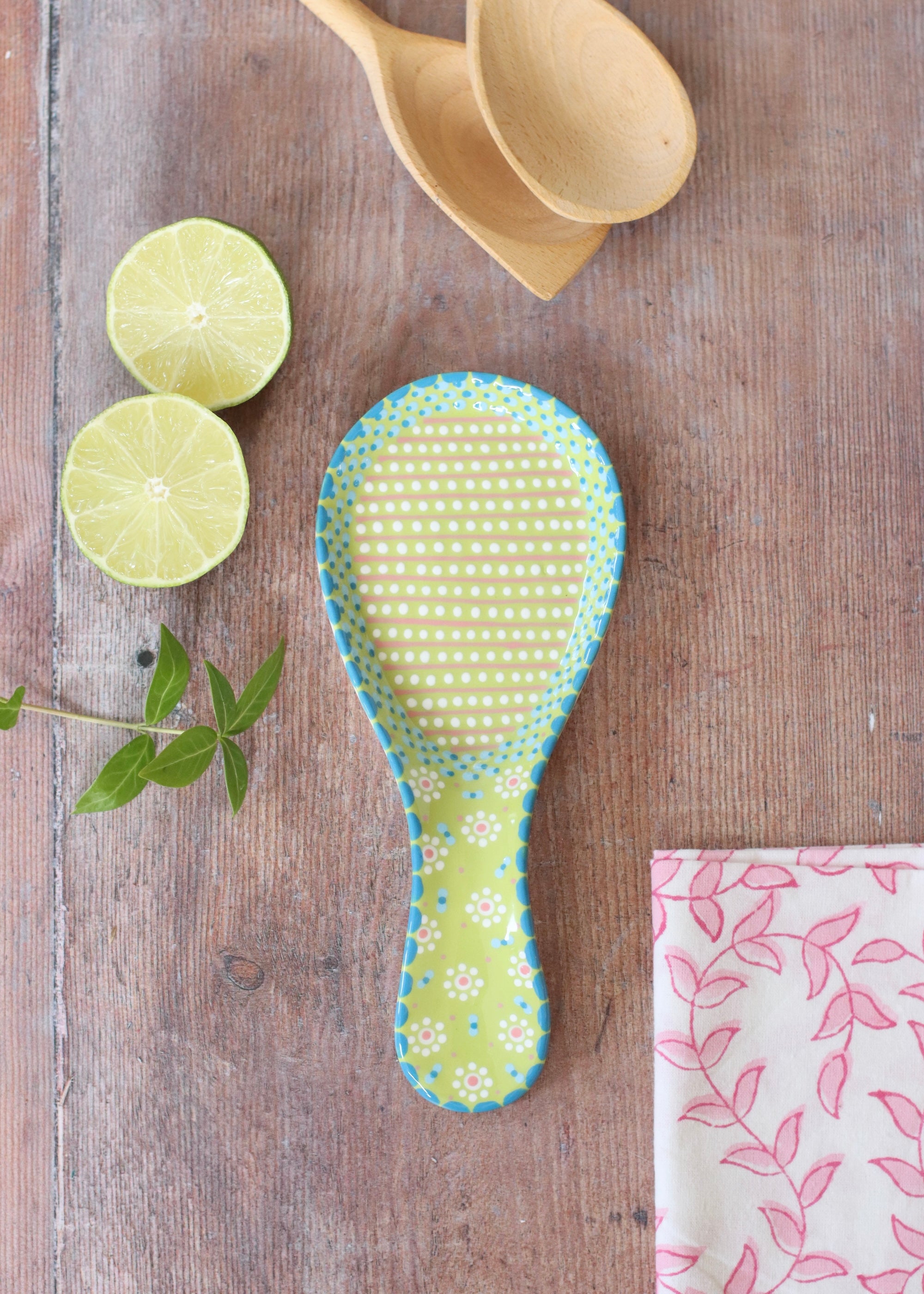 Spoon Rest- Lime With Blue & White Dots