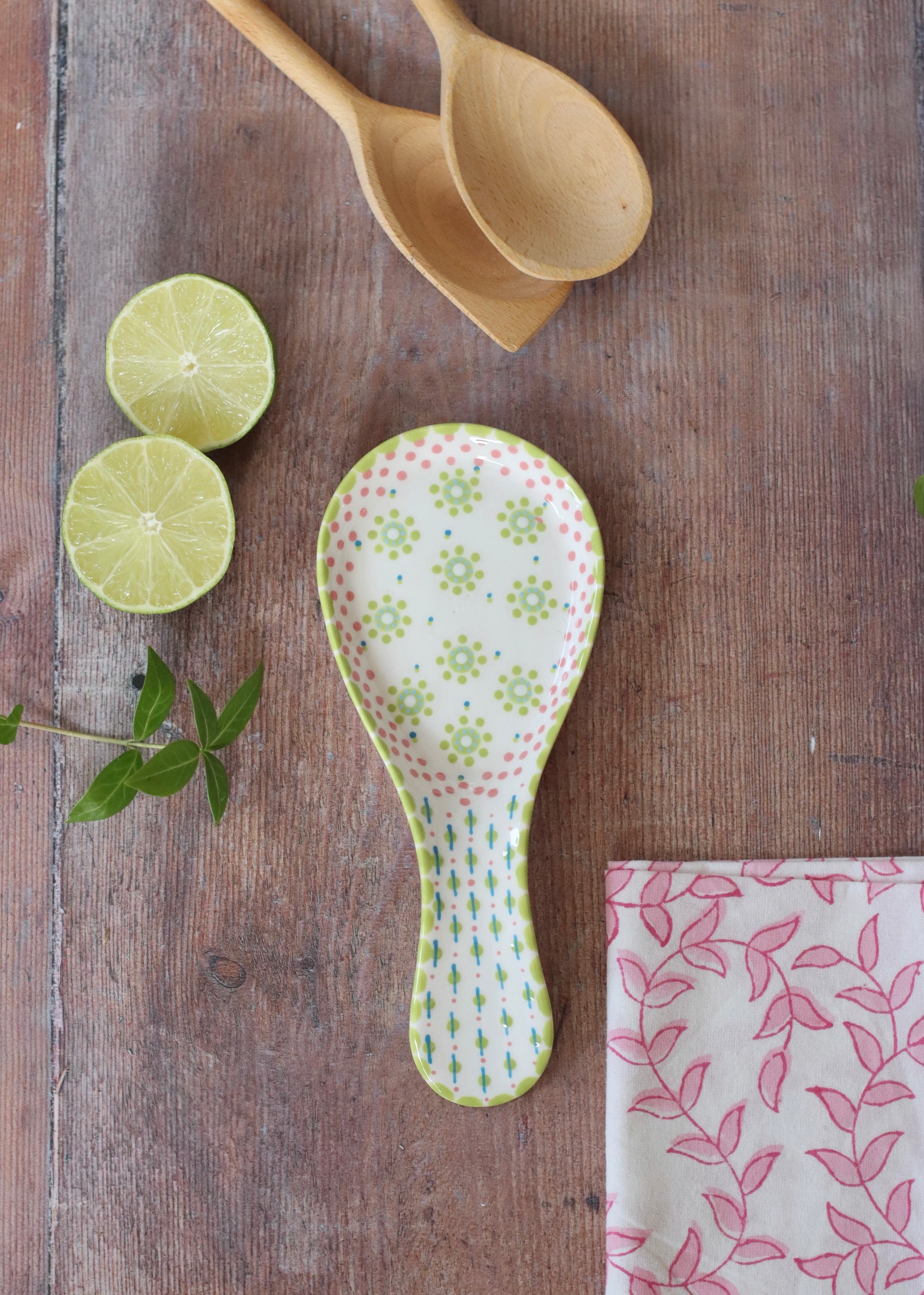 Spoon Rest- White with Lime Flower