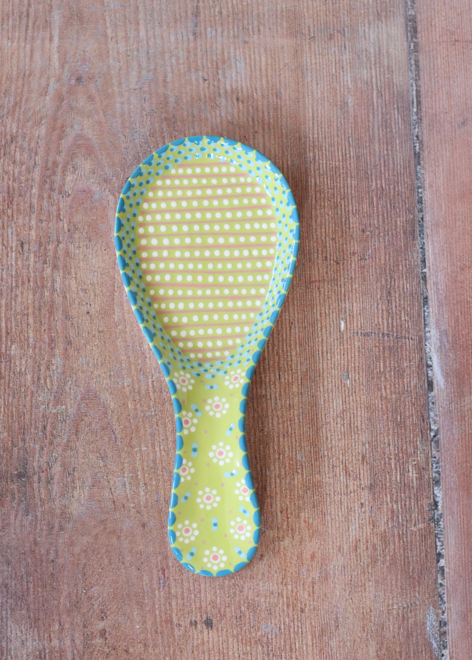 Spoon Rest- Lime With Blue & White Dots