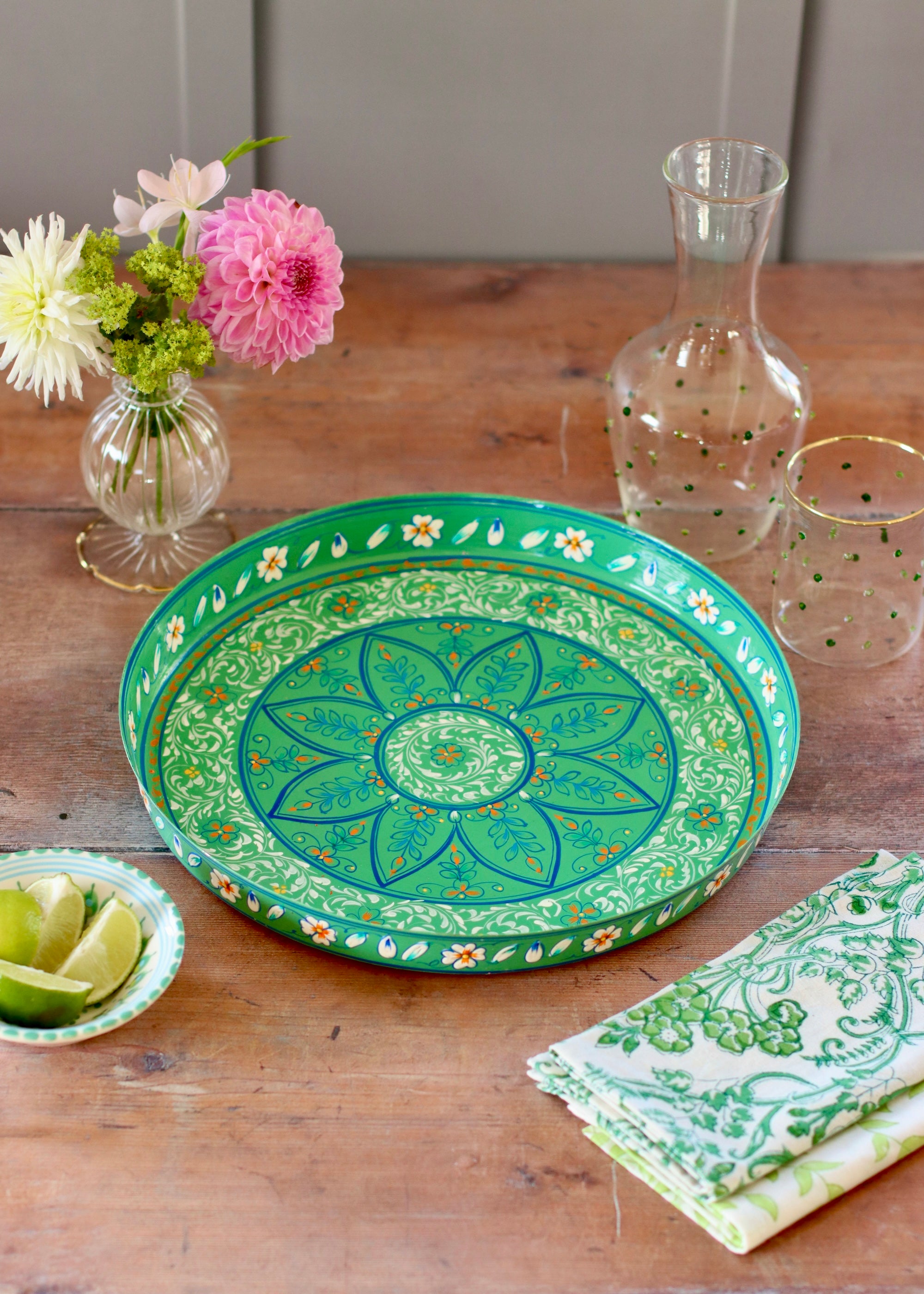 Hand Painted Round Thali Tray: Olive