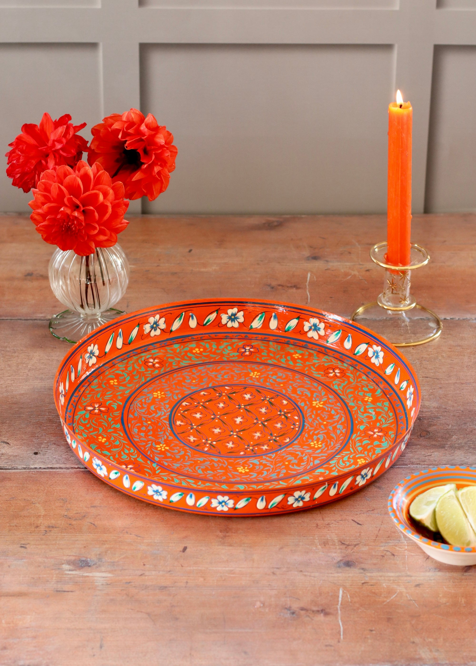 Hand Painted Round Thali Tray: Orange