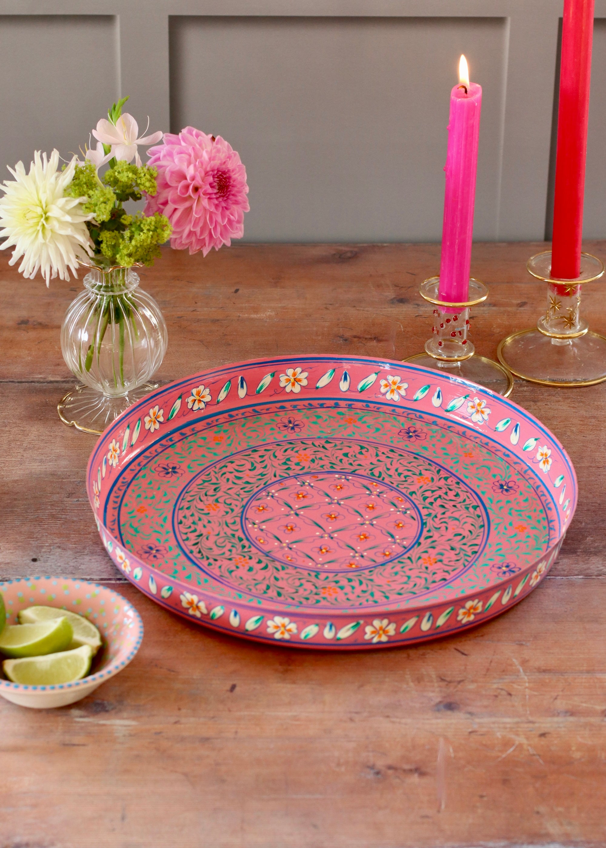 Hand Painted Round Thali Tray: Hot Pink