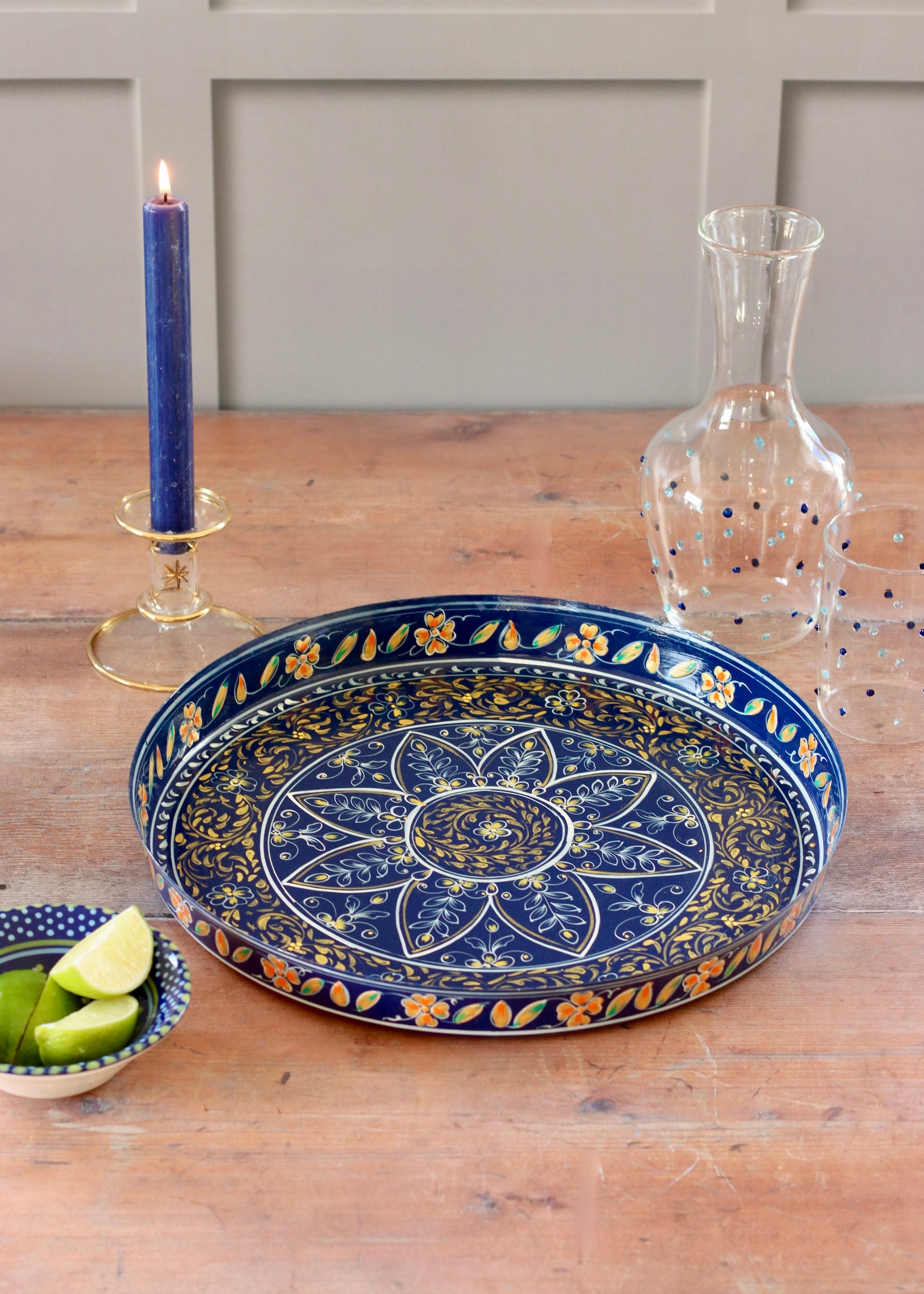 Hand Painted Round Thali Tray: Midnight Blue