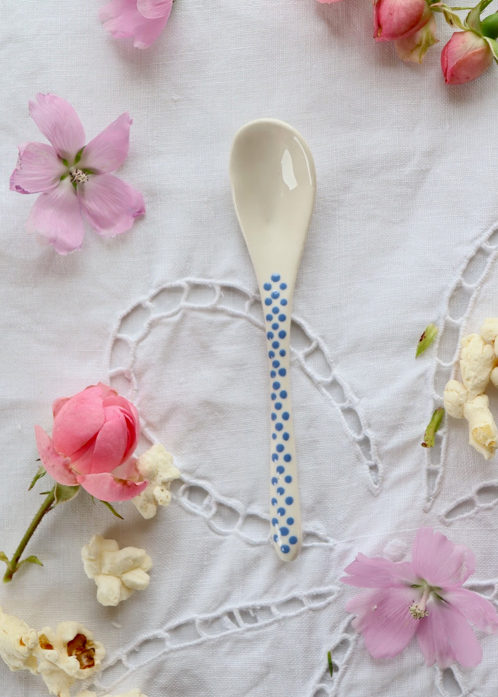 Ceramic Spoon - White with Dotty Blue Handle