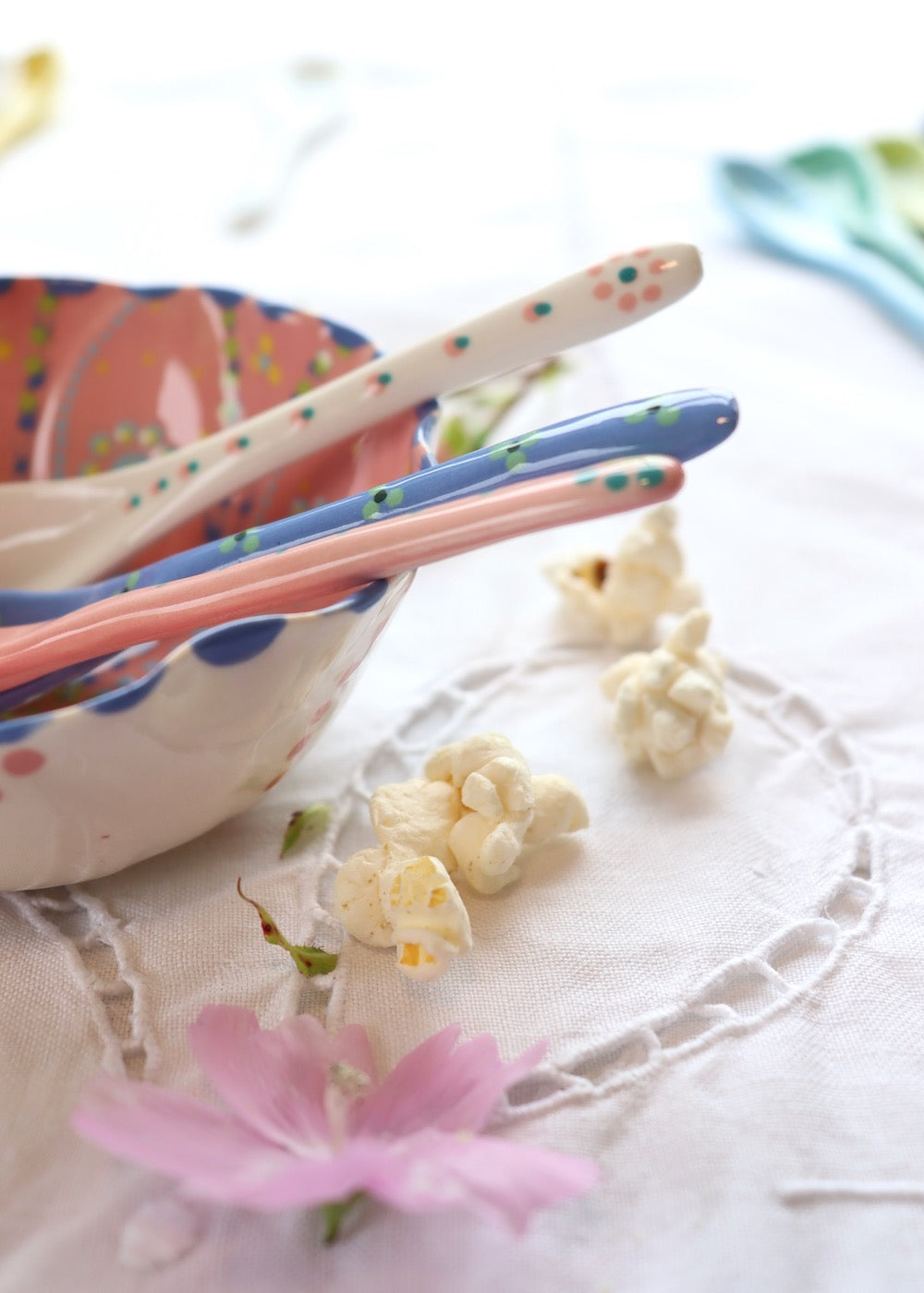 Ceramic Spoon - White with Dotty Blue Handle