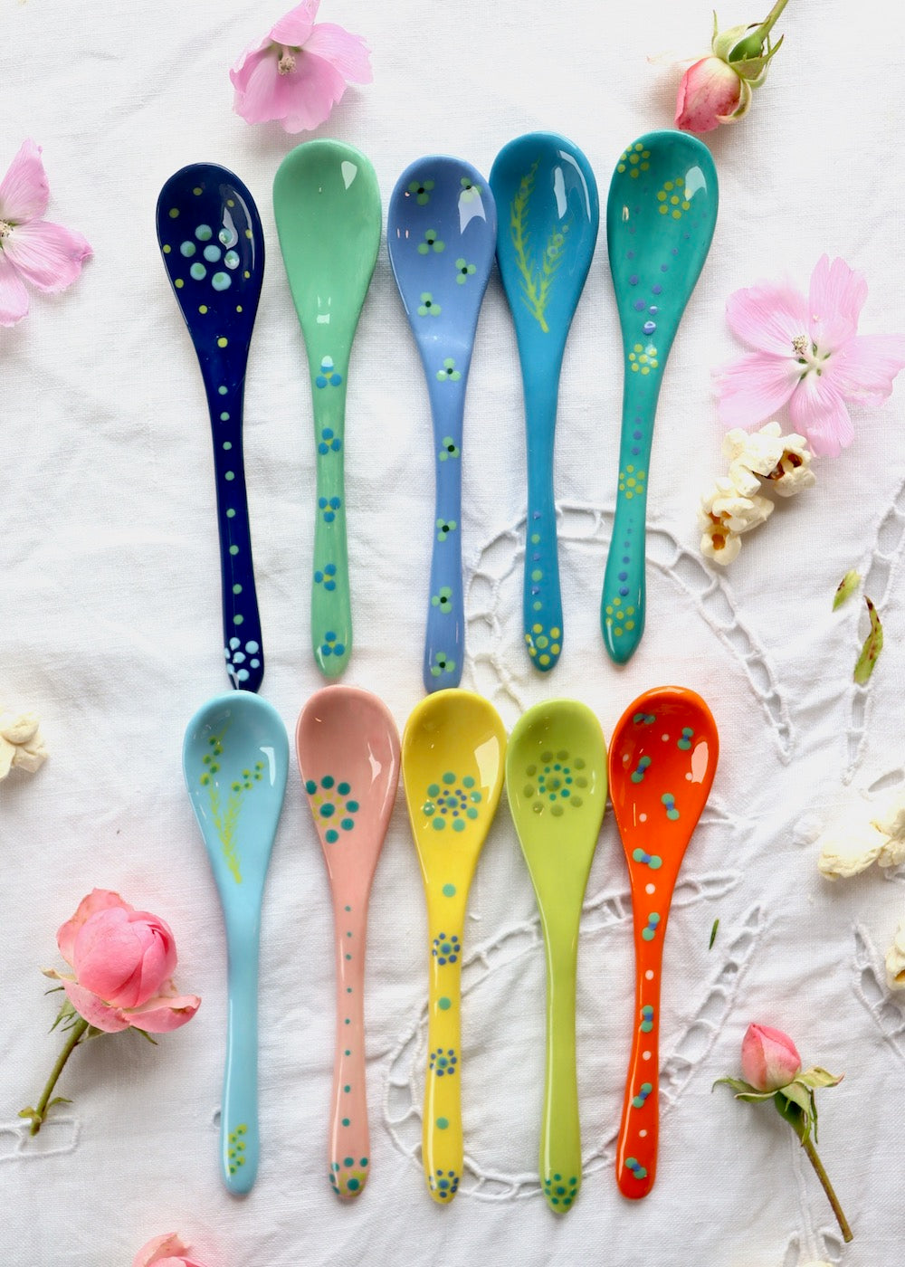 Ceramic Spoon - White with Dotty Blue Handle