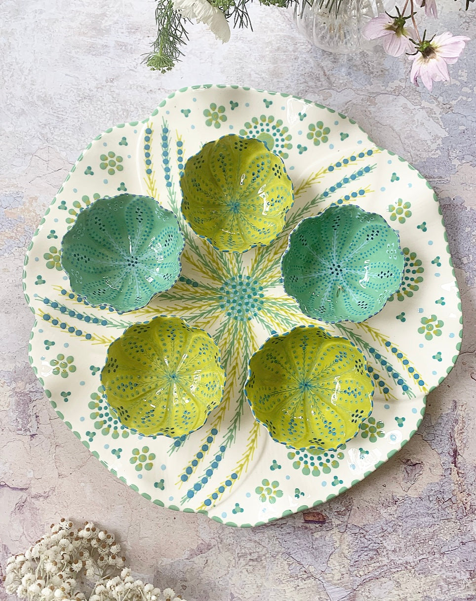 Large Round Platter & Ramekin Set- White & Greens