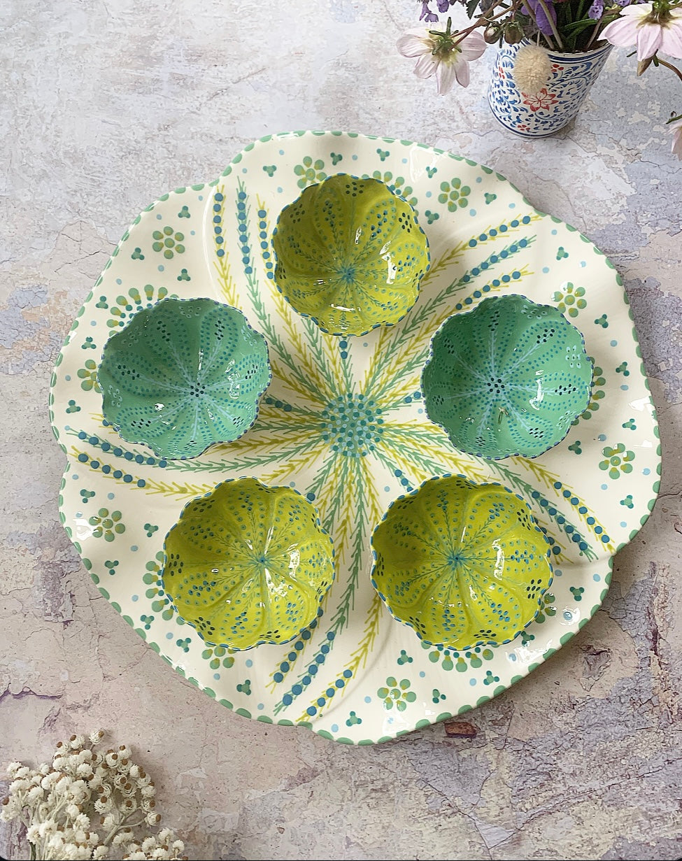 Large Round Platter & Ramekin Set- White & Greens