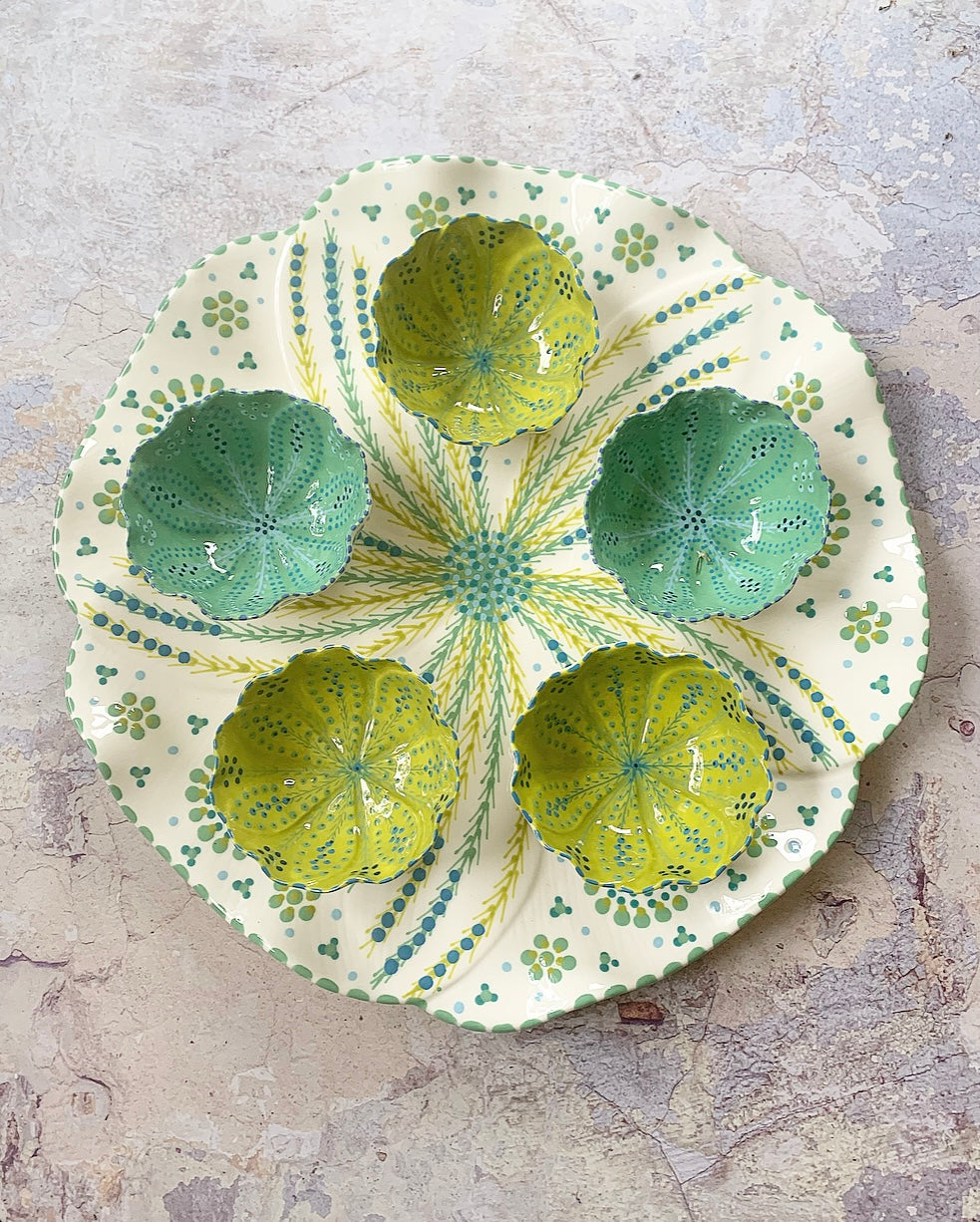 Large Round Platter & Ramekin Set- White & Greens