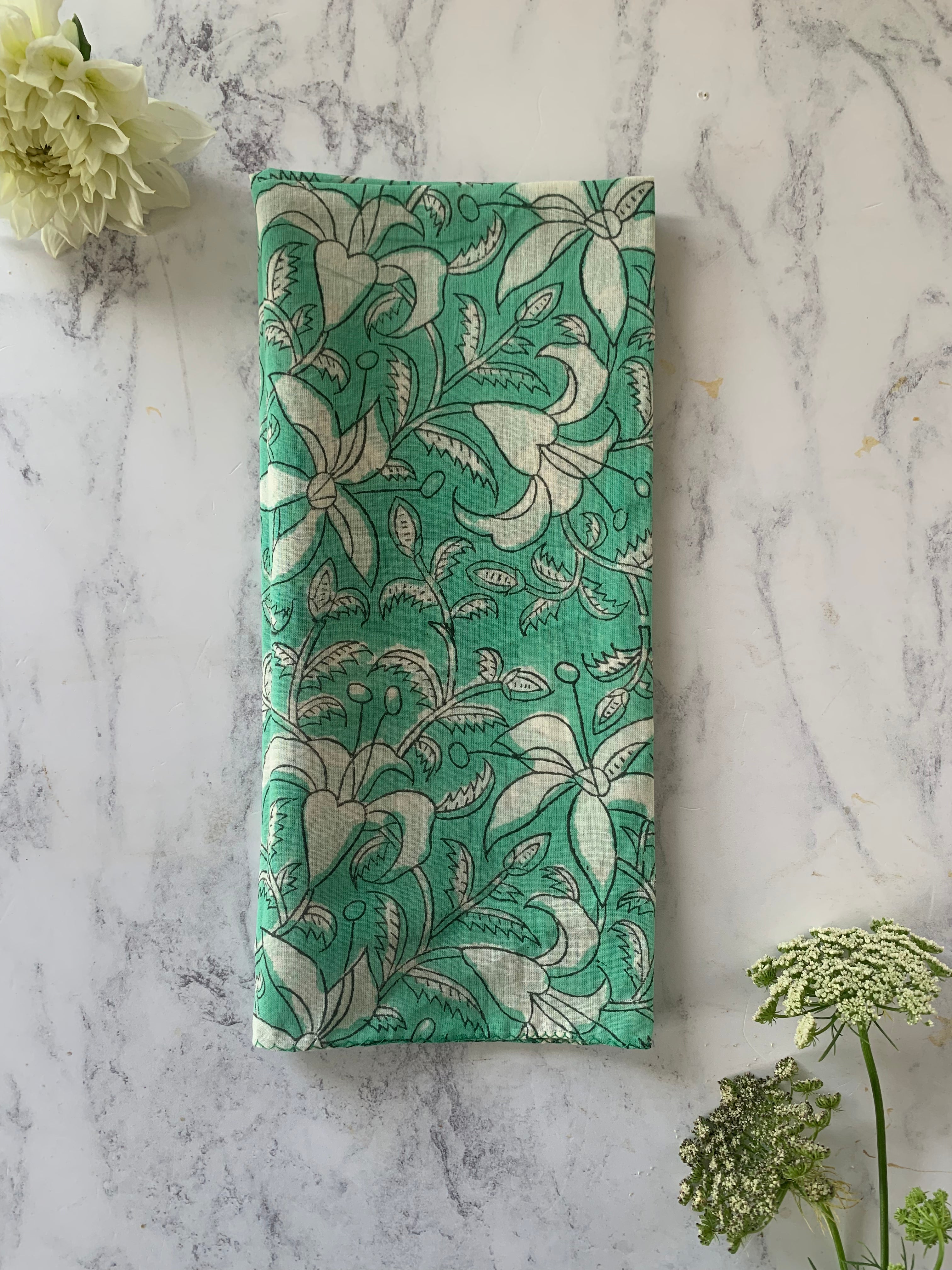 Single Hand Block Printed Hankie- Green Floral