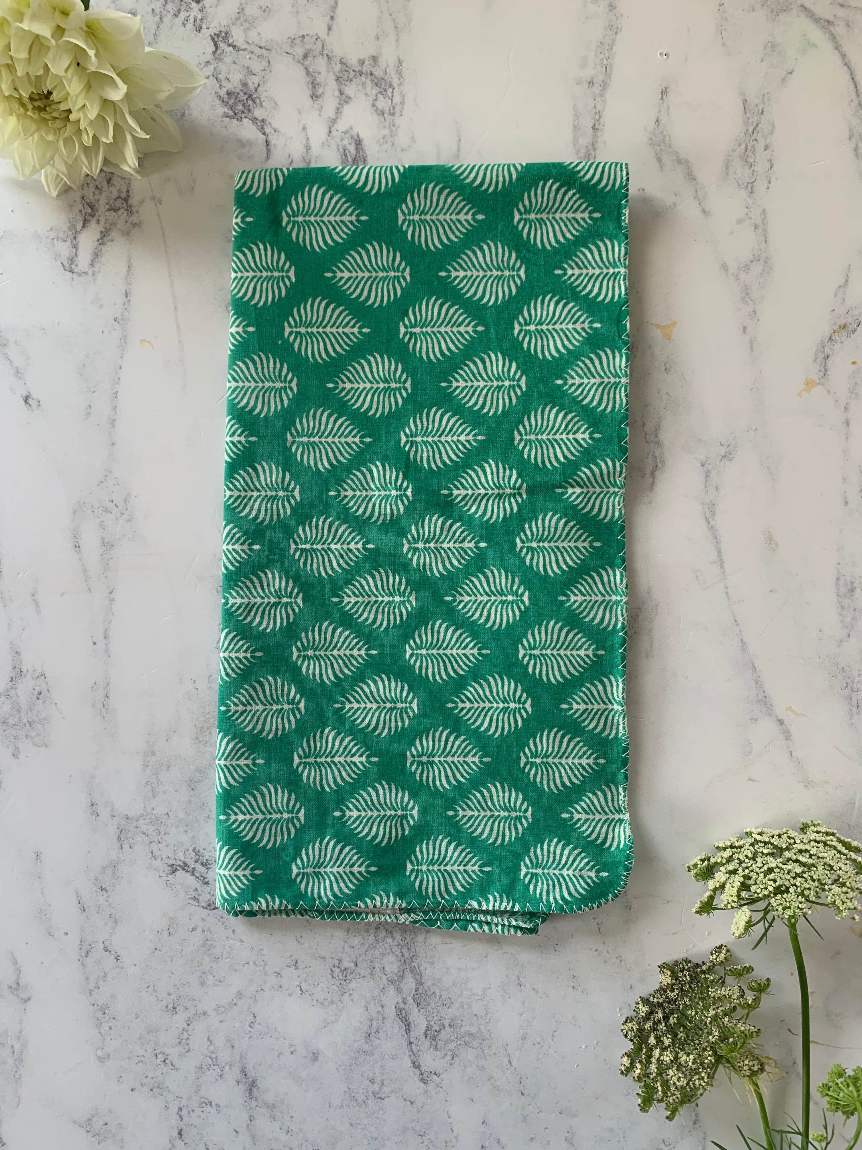 Single Hand Block Printed Hankie- Green Feather