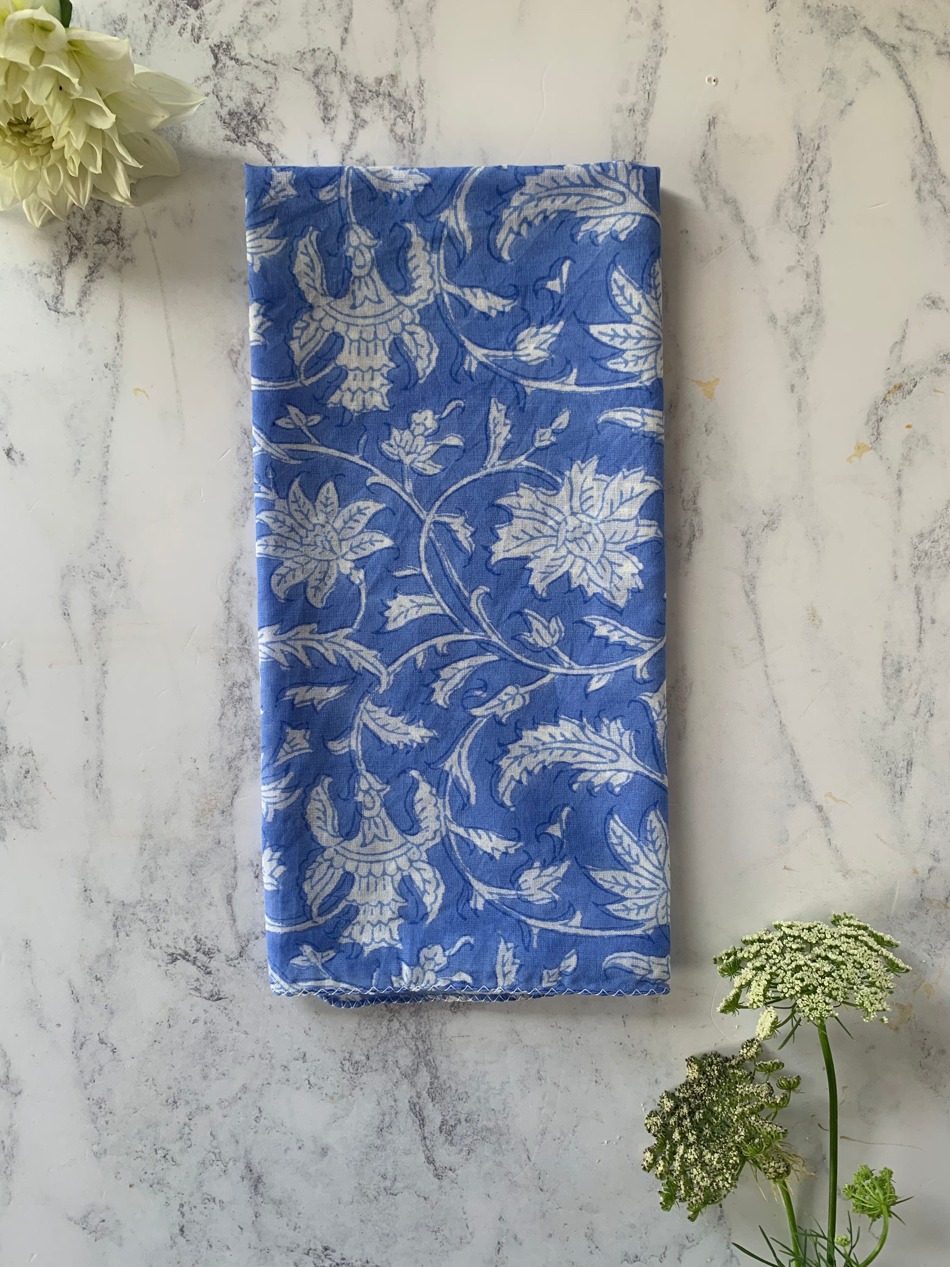 Single Hand Block Printed Hankie- Blue Floral