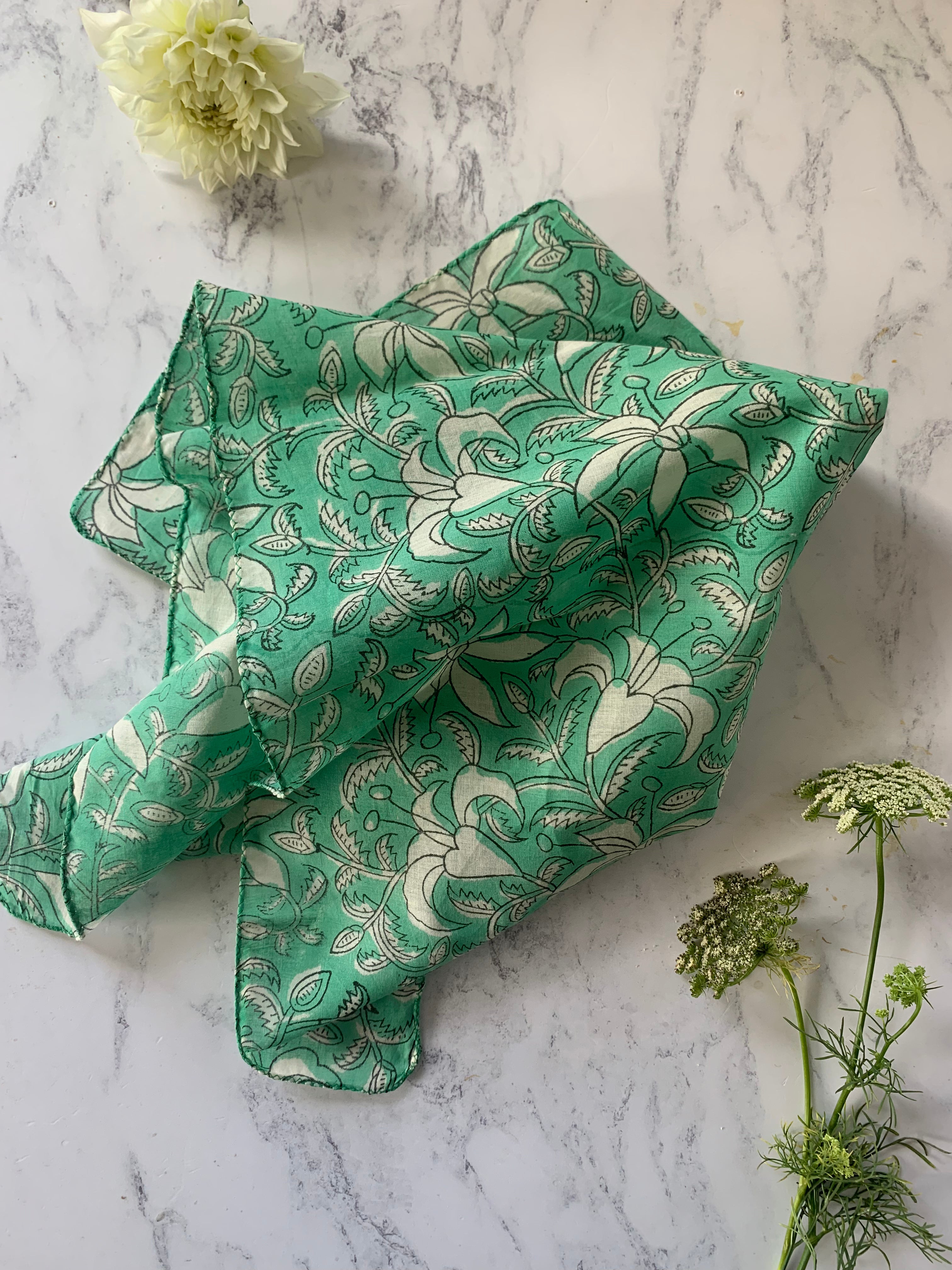 Single Hand Block Printed Hankie- Green Floral