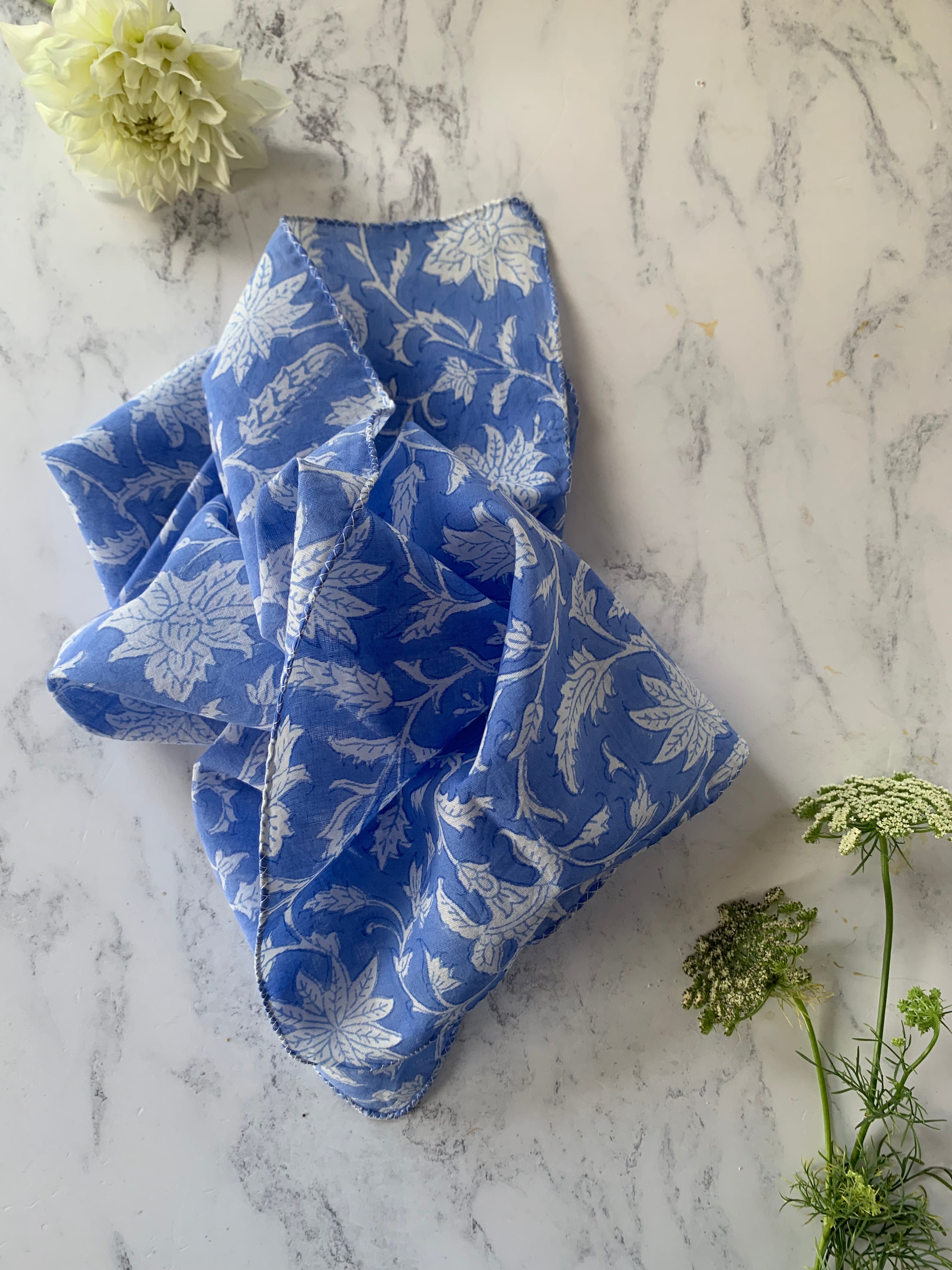 Single Hand Block Printed Hankie- Blue Floral