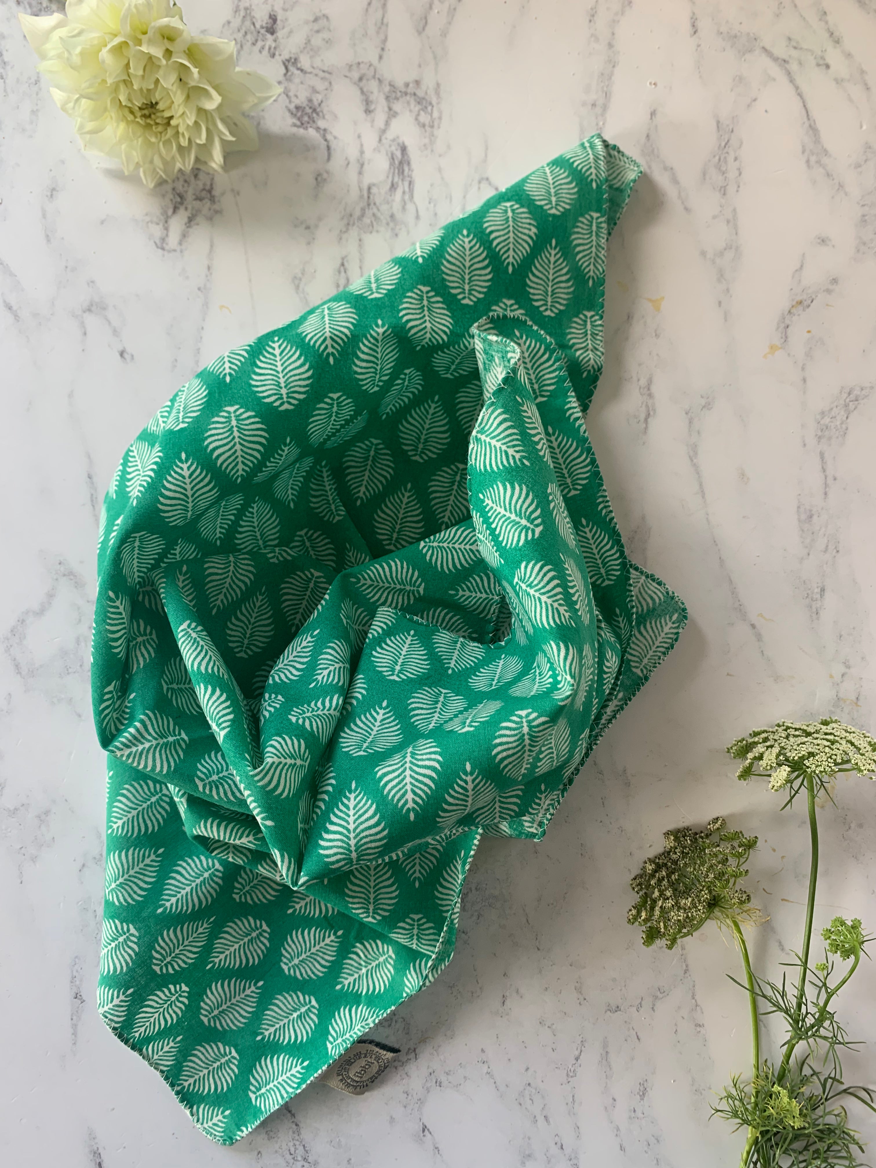 Single Hand Block Printed Hankie- Green Feather