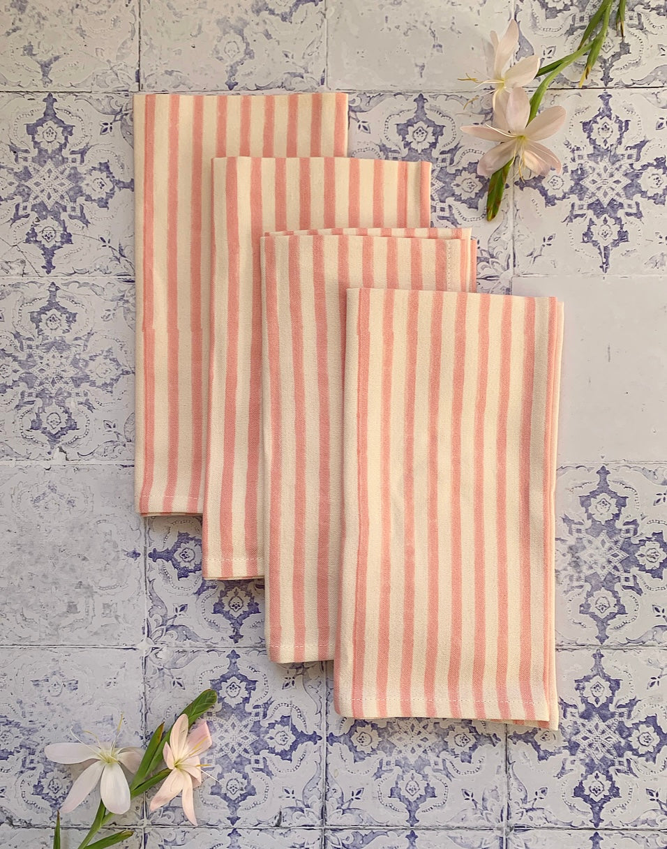 Set Of 4 Linen Napkins- Pink Stripe