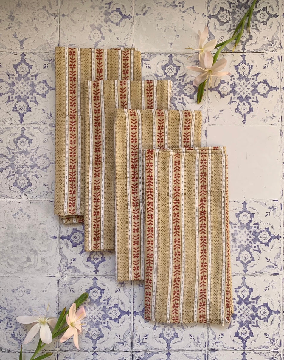 Set Of 4 Linen Napkins- Terracotta Flowers & Dots