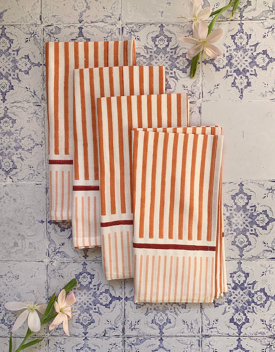 Set Of 4 Linen Napkins- Dusty Orange Stripe