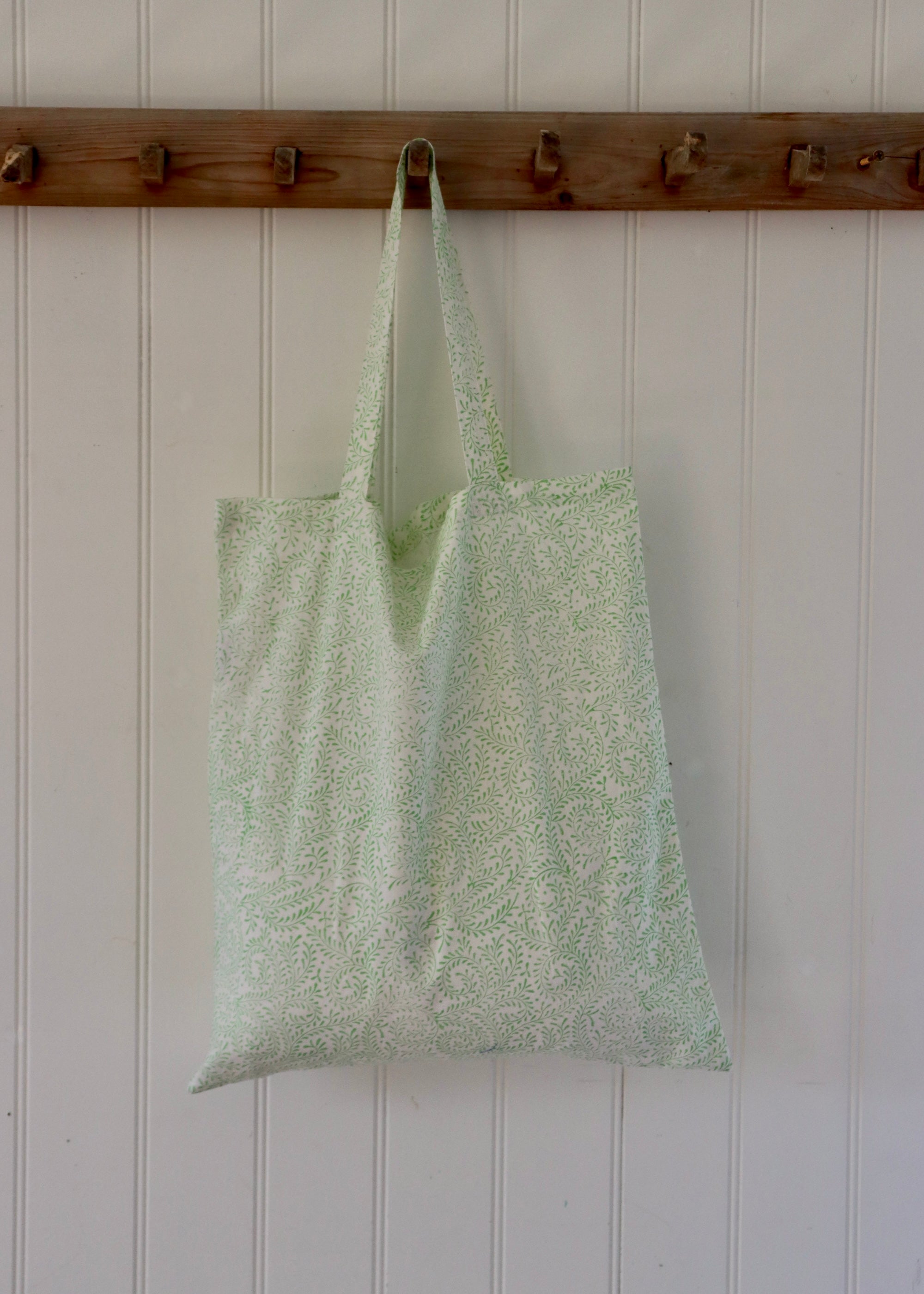 Block Printed Cotton Tote Bag - White and Lime