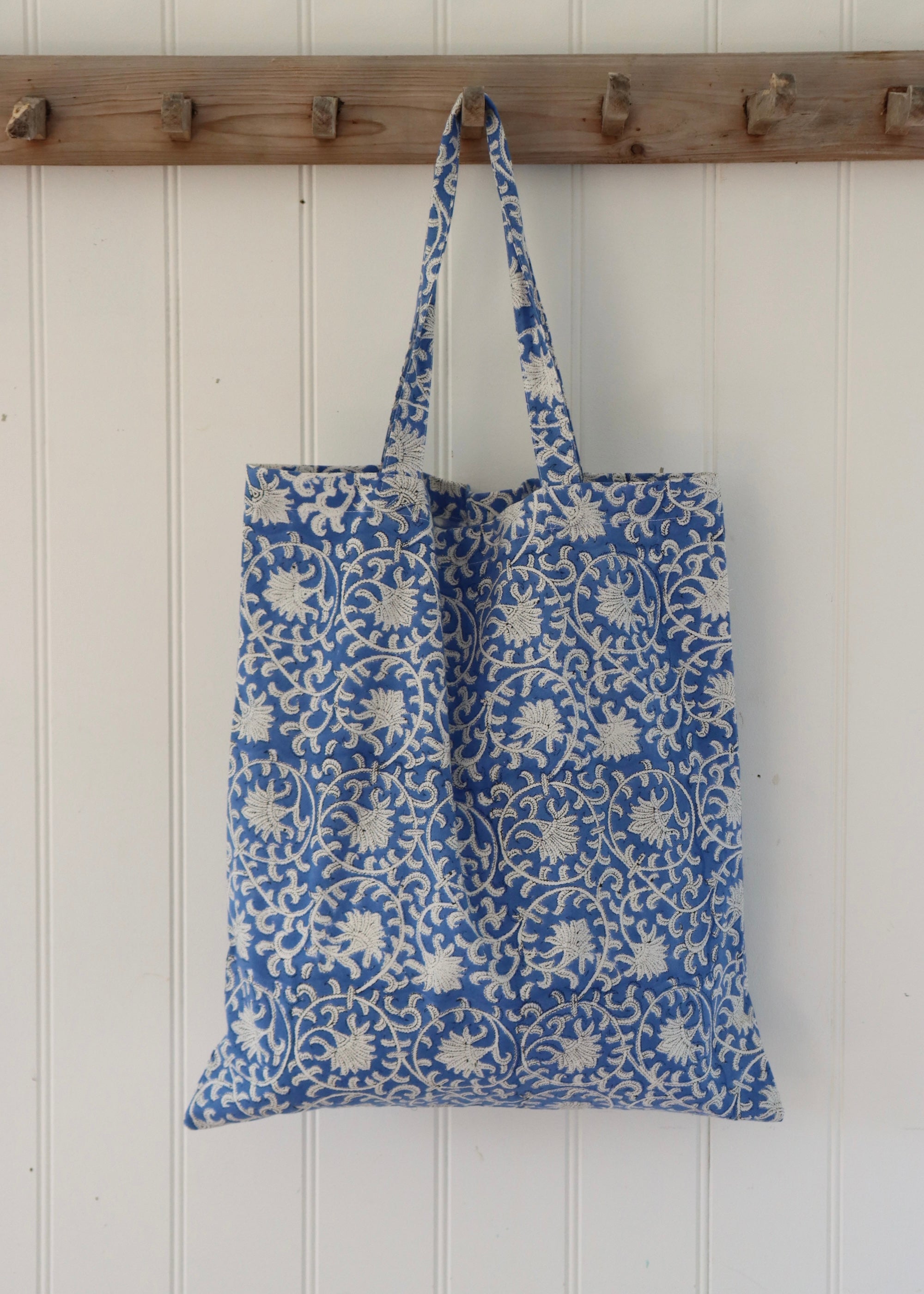 Block Printed Cotton Tote Bag - Greek Blue