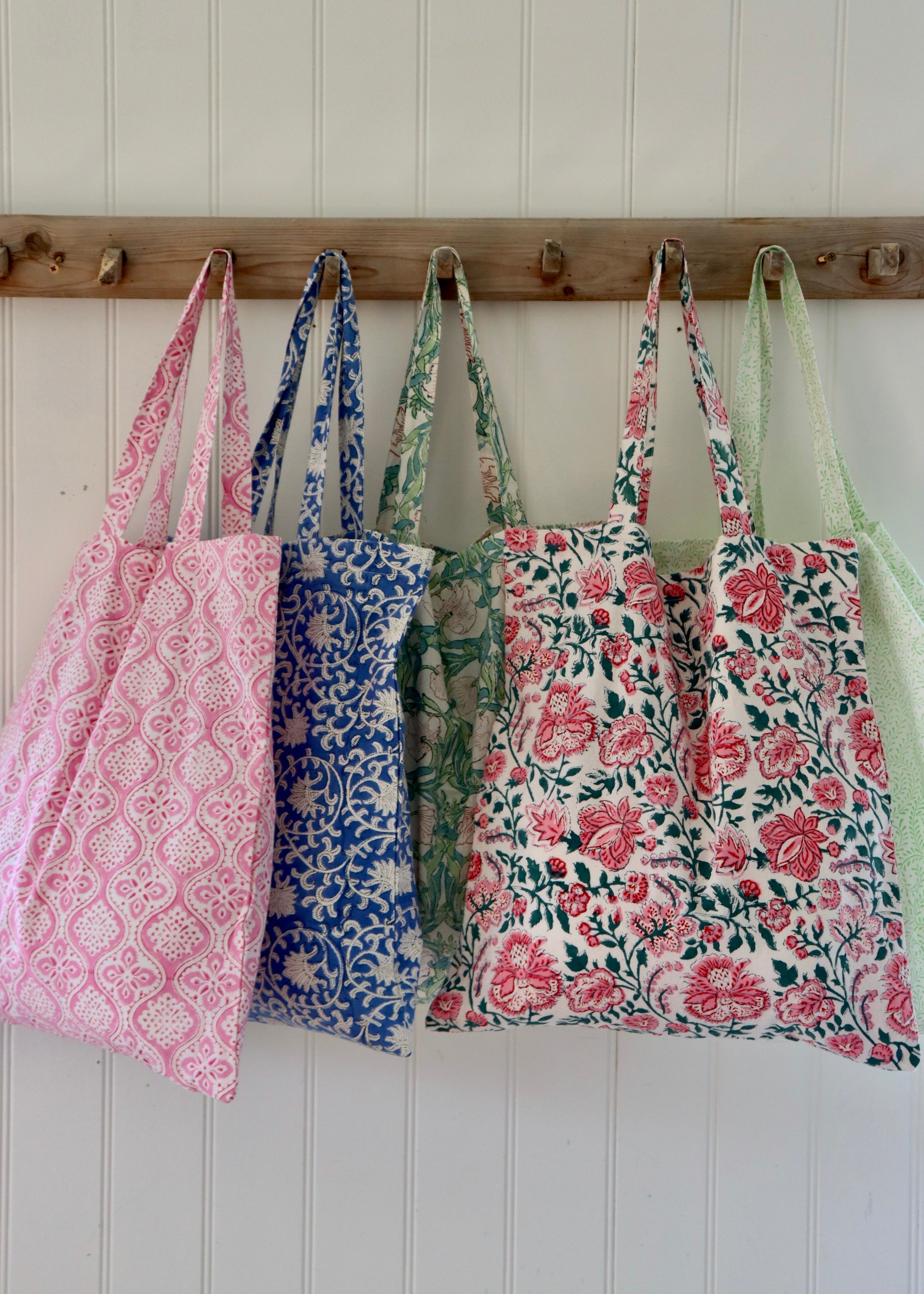 Block Printed Cotton Tote Bag - White and Lime