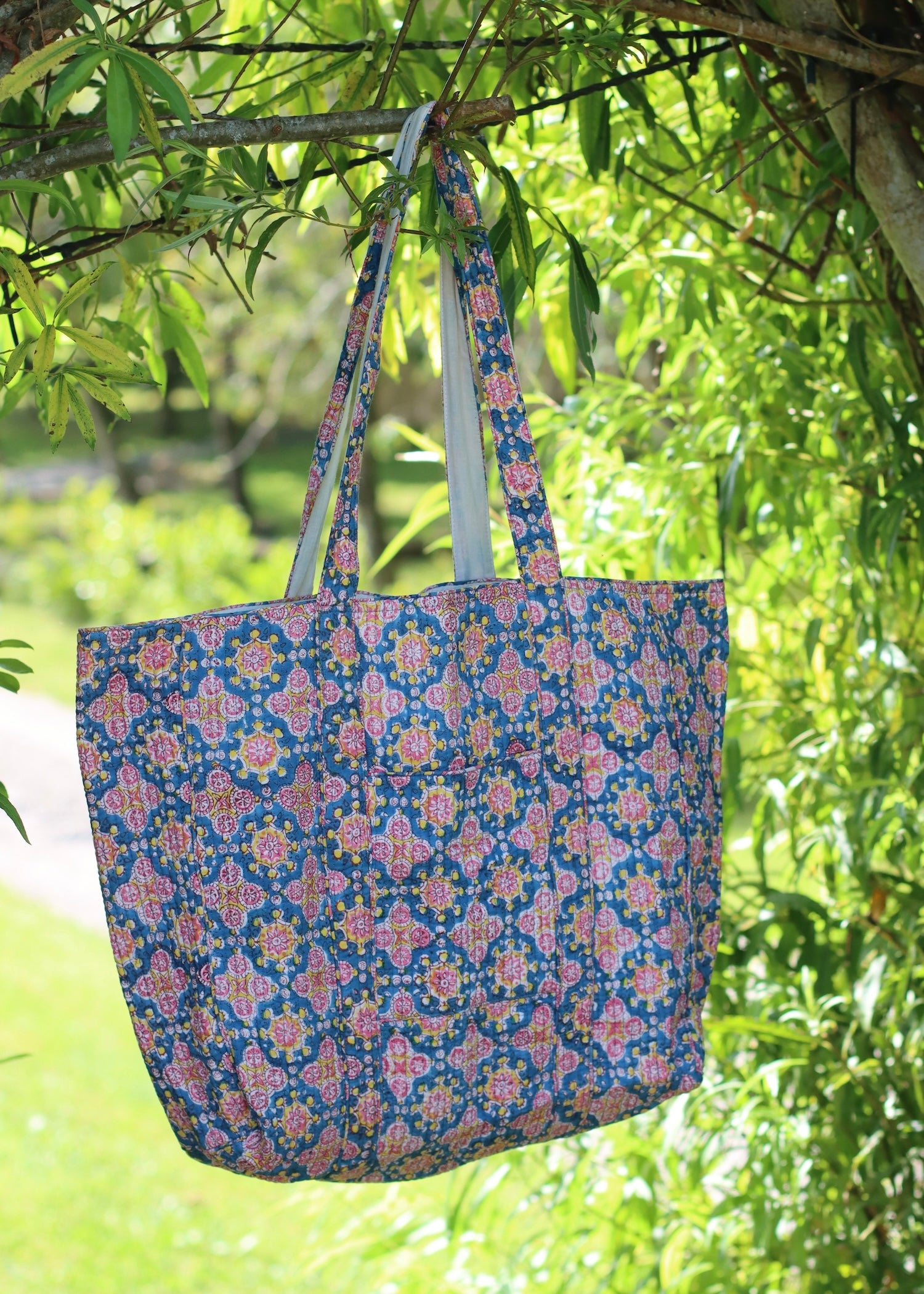 Block Print Everyday Bag - Blue, Pink & Yellow