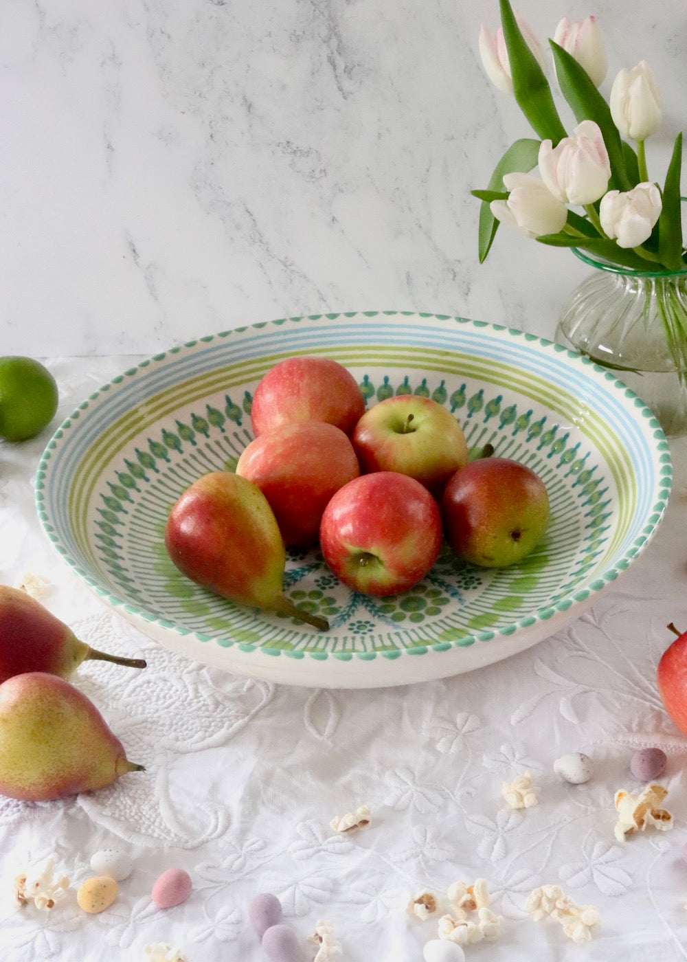 Olivia Fruit Bowl - White & Teal