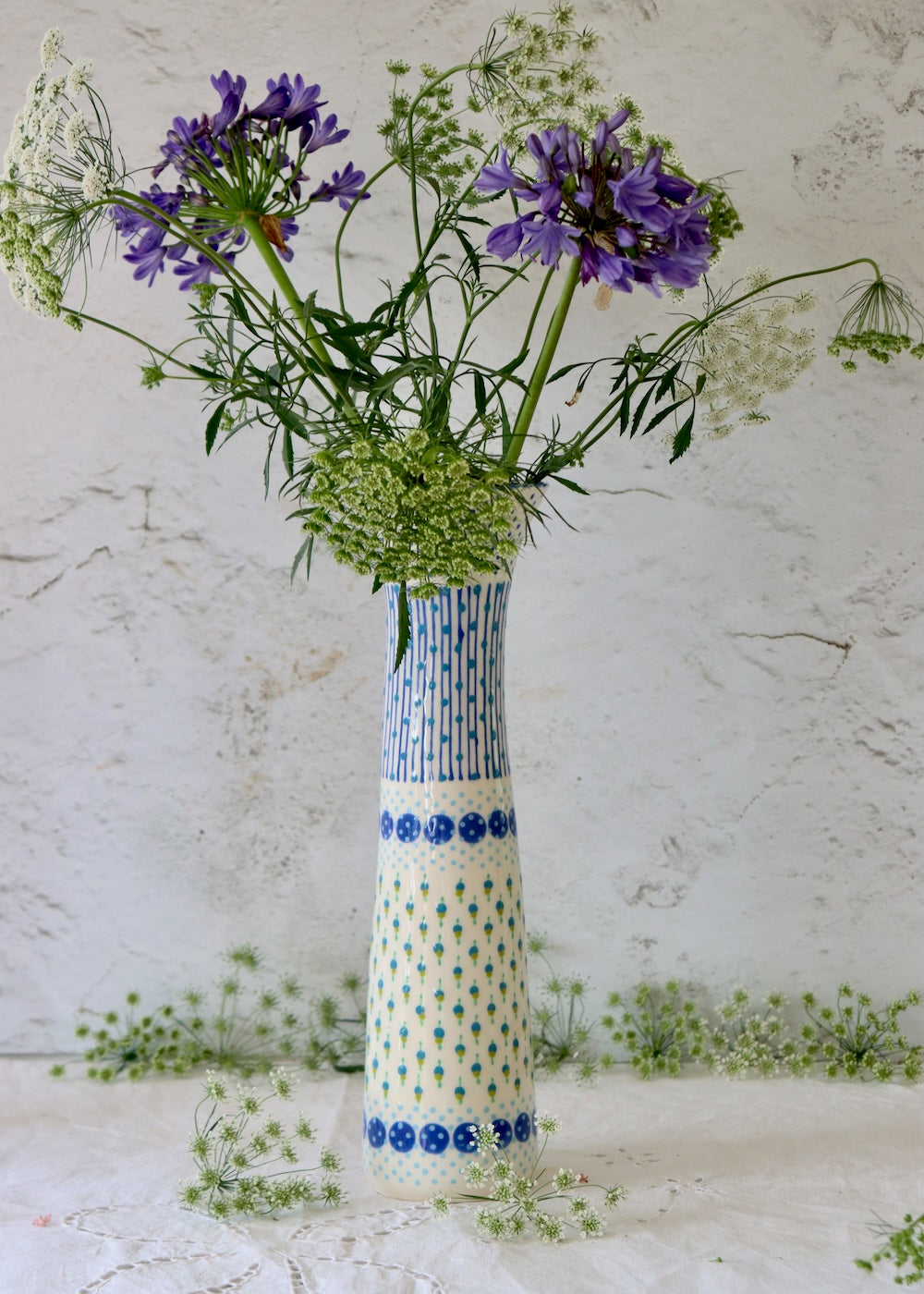 Tall Twisty Vase  - White & Blue