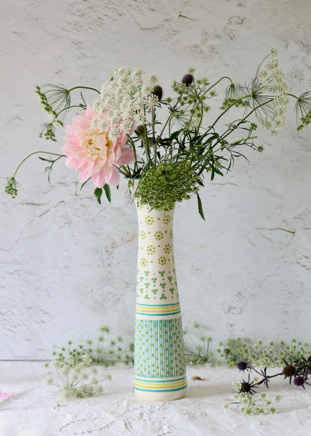 Tall Twisty Vase  - White & Green