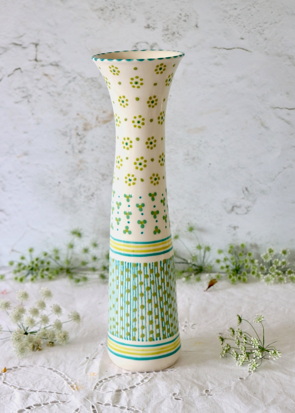 Tall Twisty Vase  - White & Green