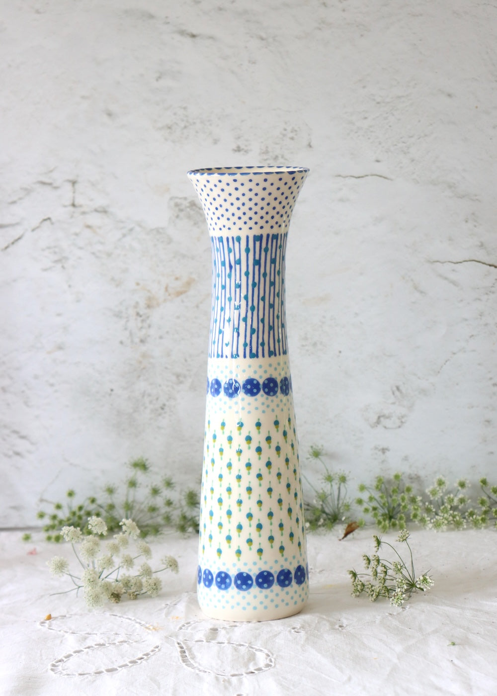 Tall Twisty Vase  - White & Blue