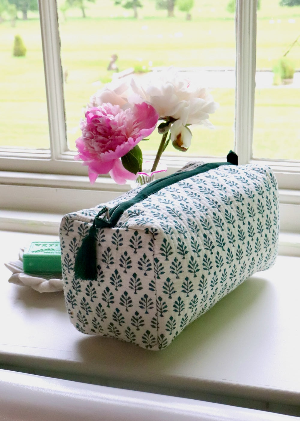 Wash Bag Deep Green Cotton Flower