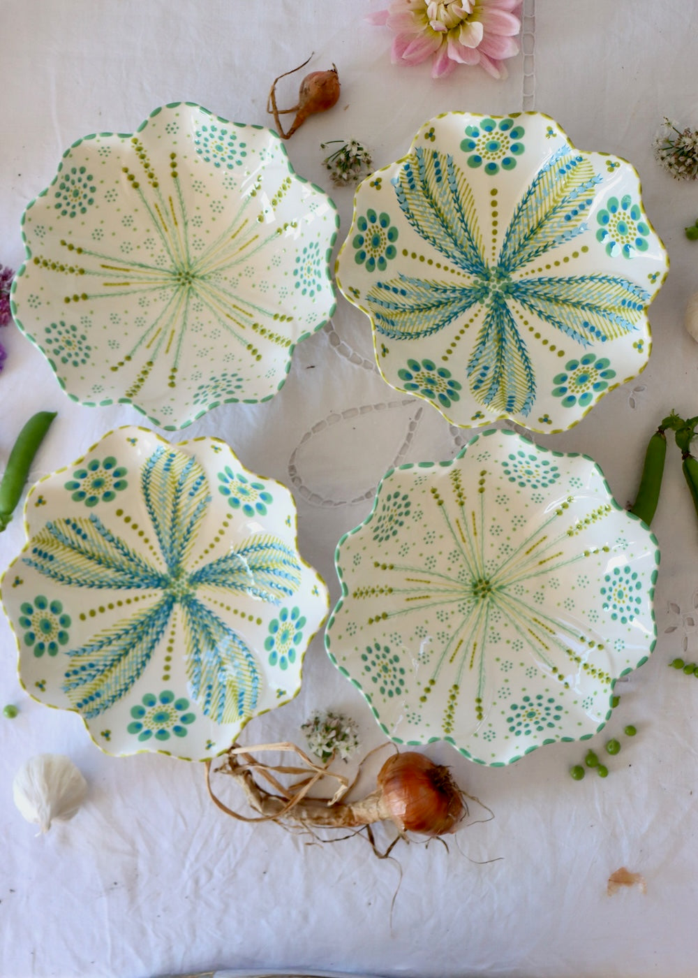 SET OF 4 Pasta Bowls  - White & Teal