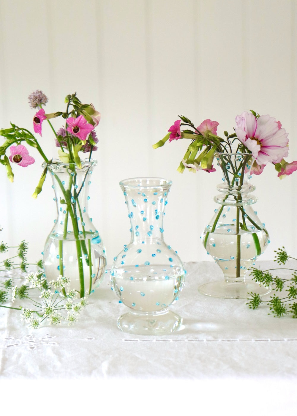 Set of 3 Glass Bud Vases - Pale Blue Dotty