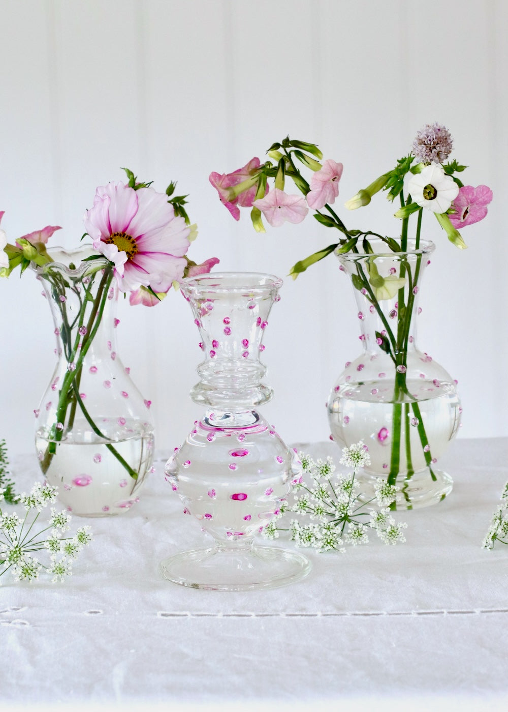 Set of 3 Glass Bud Vases - Pale Pink Dotty